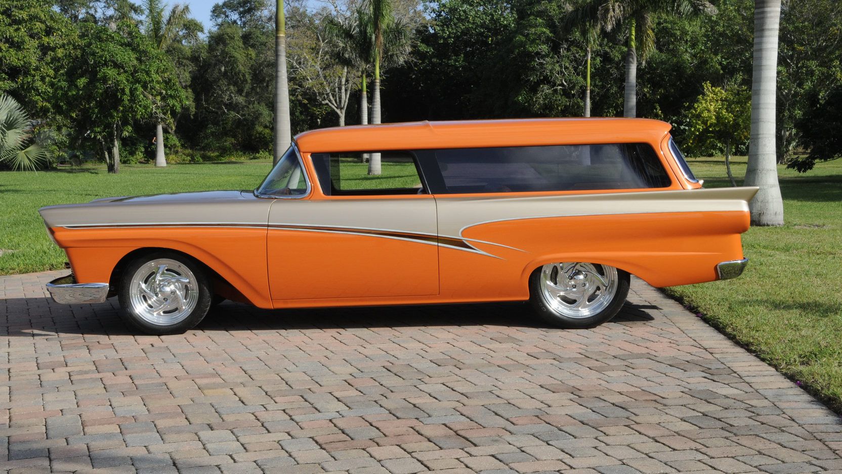 A parked 1957 Ford Custom Wagon on display