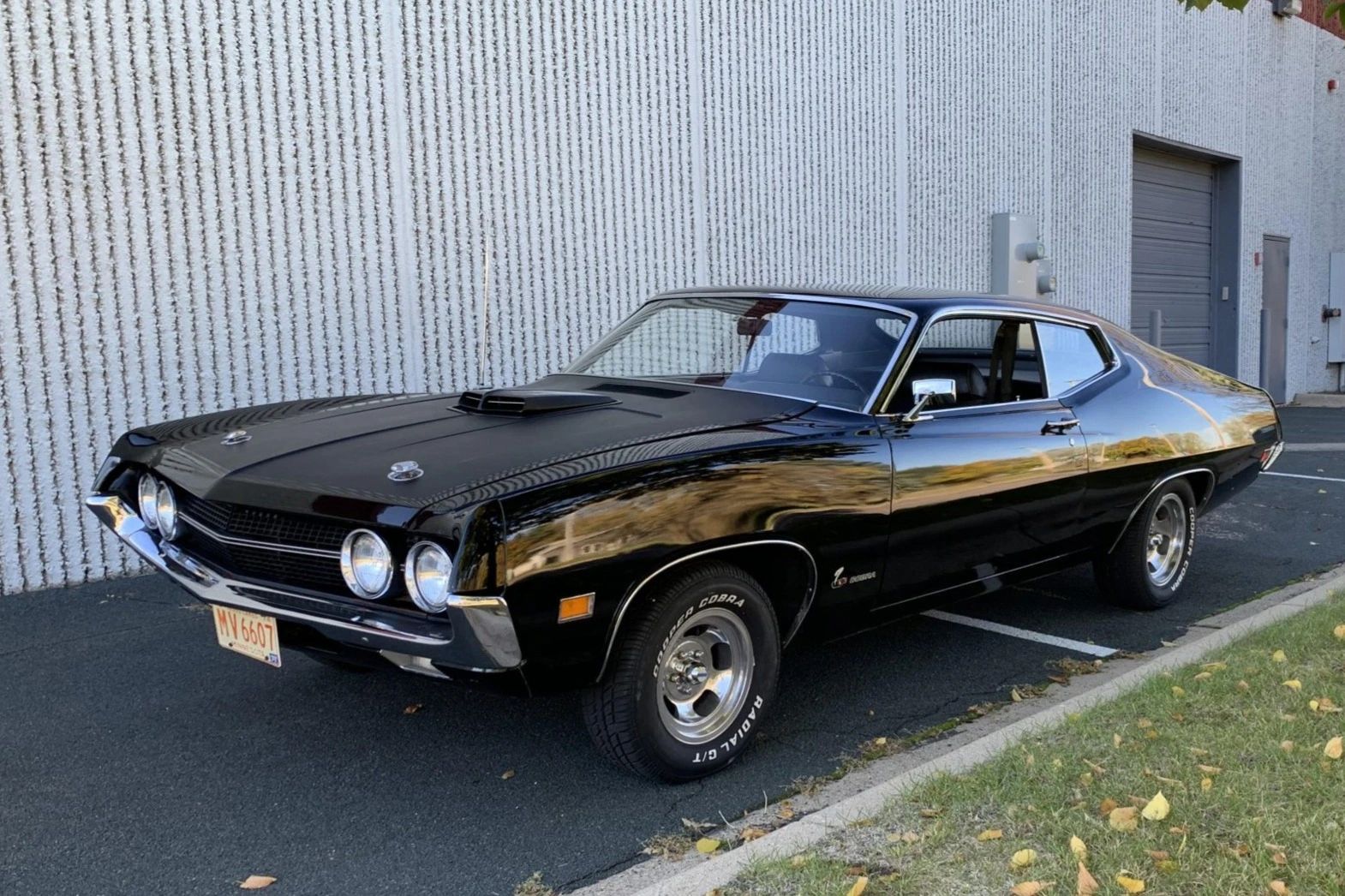 A parked black 1970 Ford 429 Super Cobra Jet