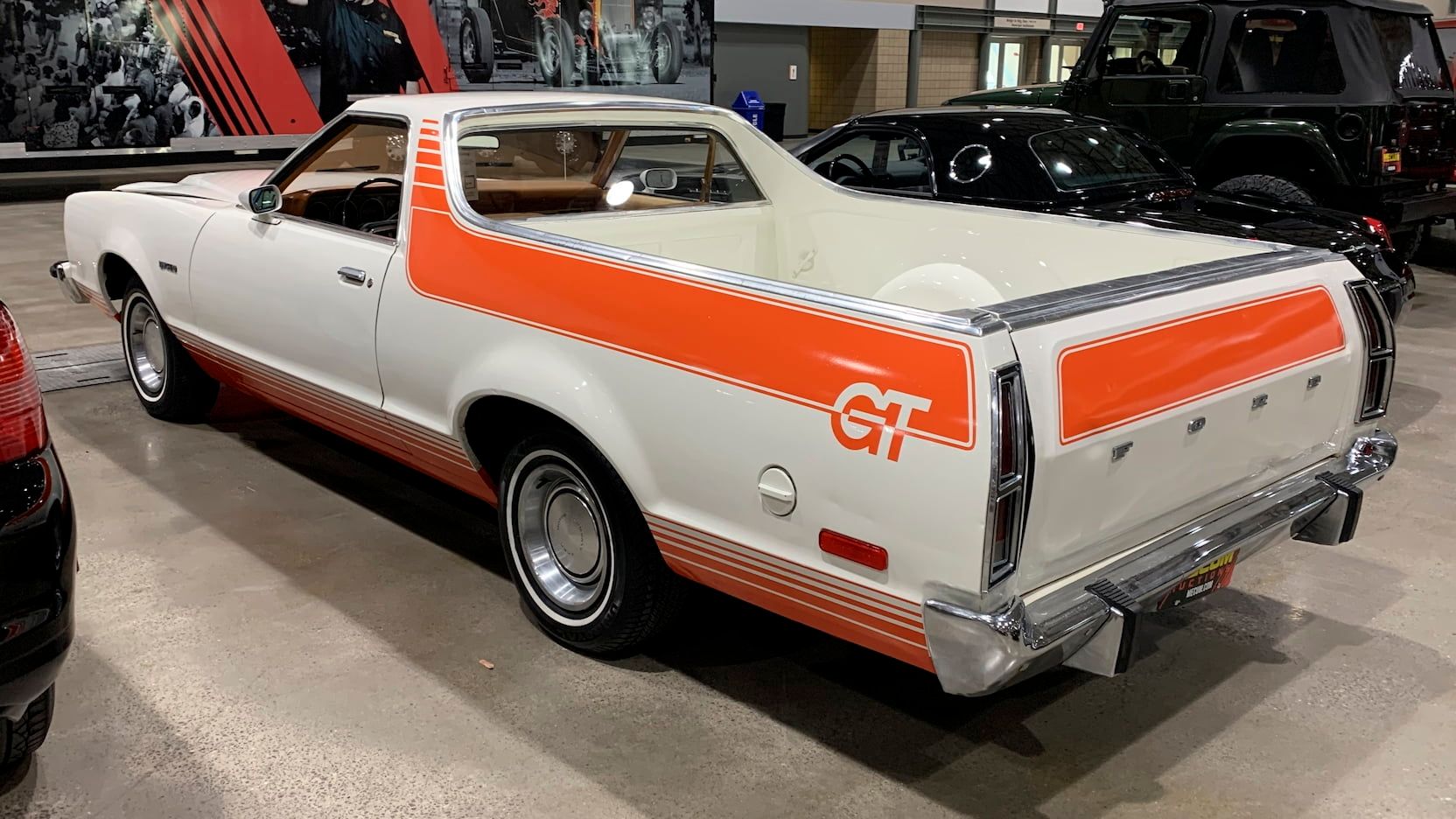 A parked 1977 Ford Ranchero GT on display