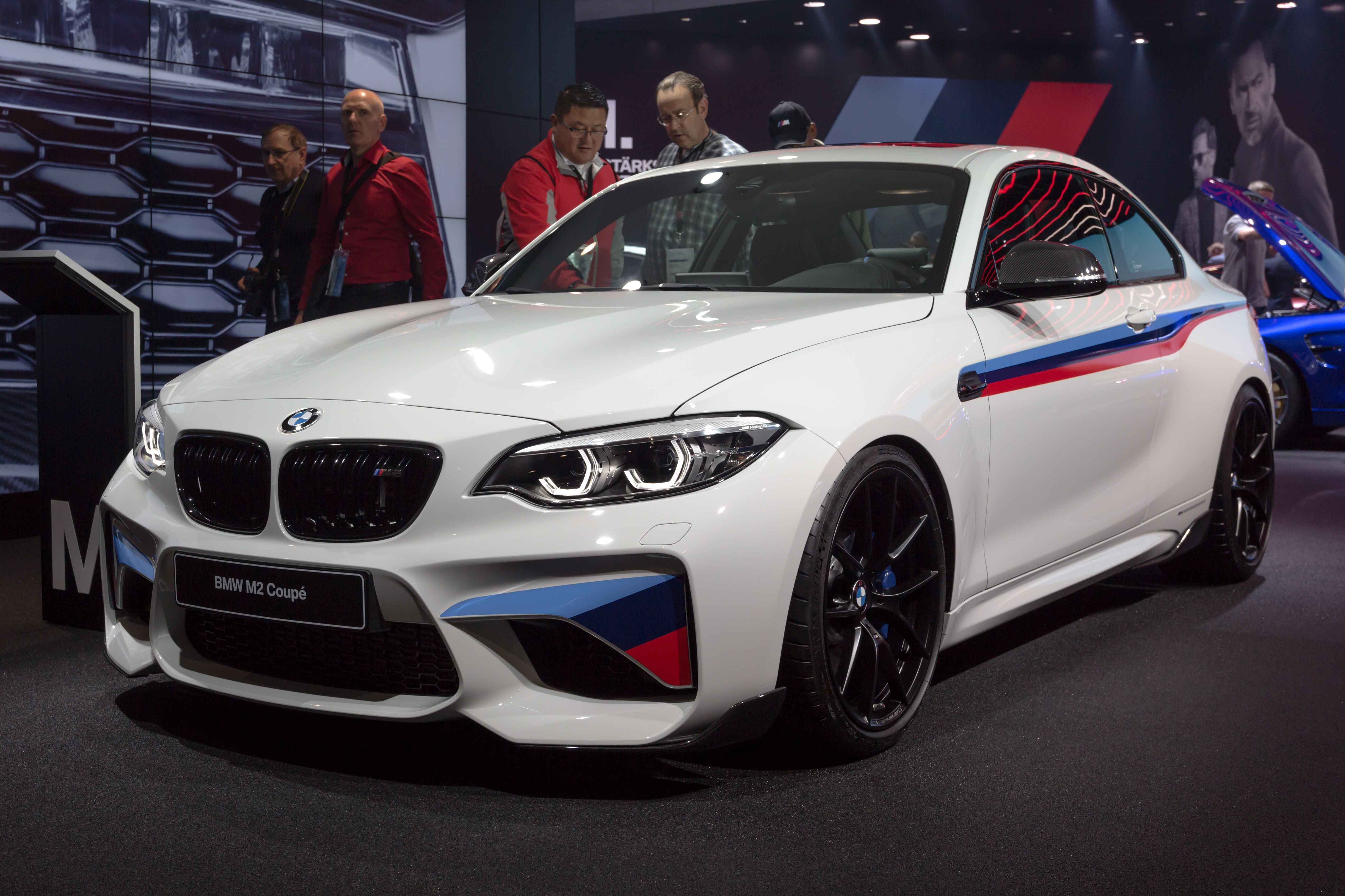 BMW M2 Competition front angle shot while parked at the Paris Motor show in 2018