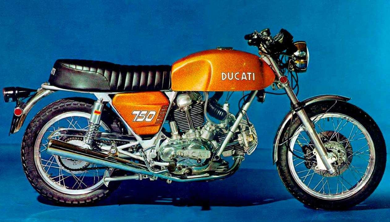 Sepotong logam oranye Ducati 750GT