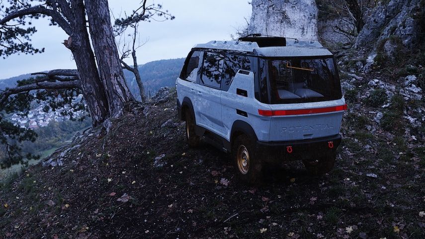 A white Potential Motors Adventure 1 Electric Off-Road RV