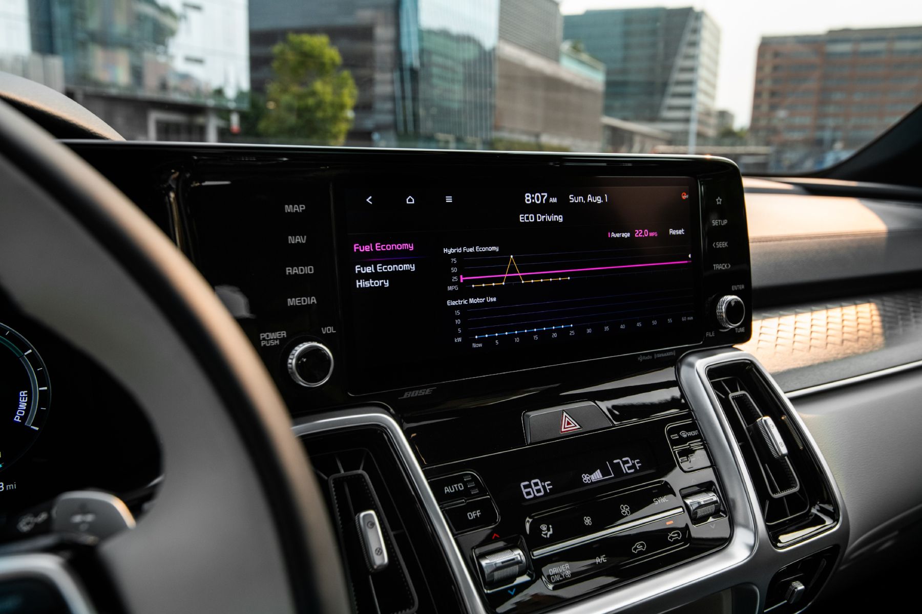 A close look at the 10.25-inch touchscreen in the interior of the 2022 Kia Sorento Hybrid. 