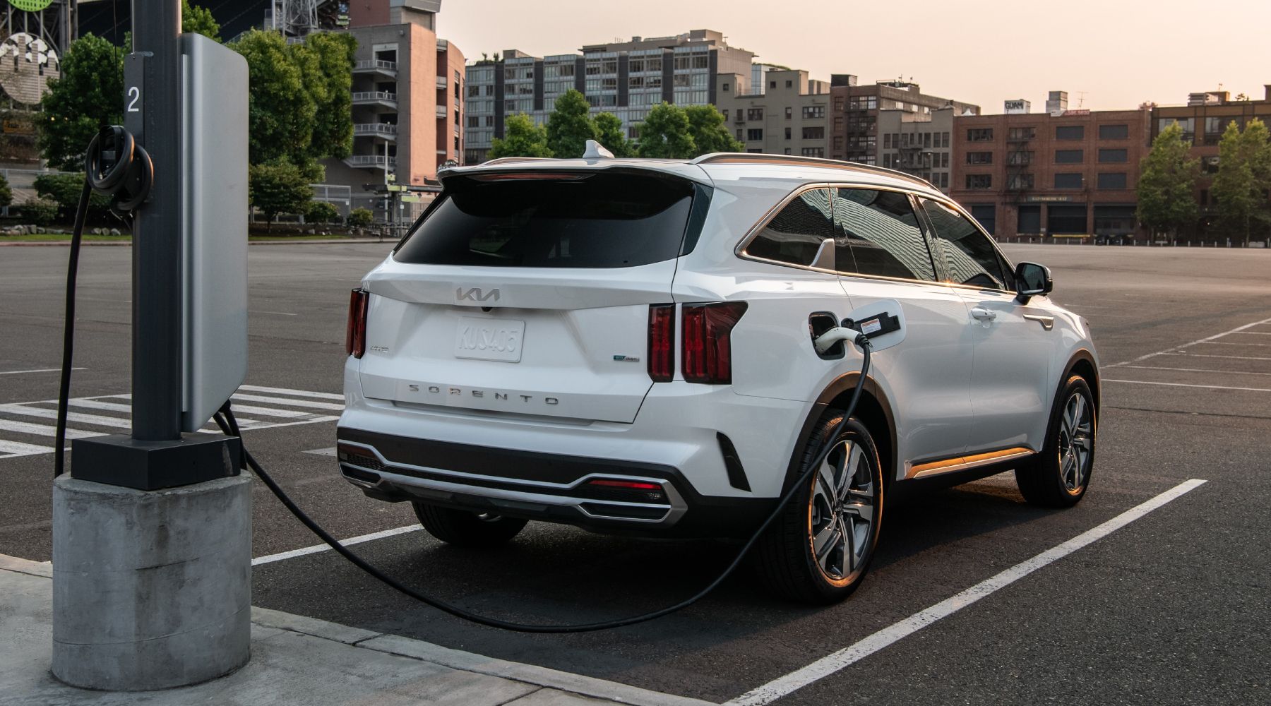 Rear three-quarters shot of a white 2022 Kia Sorento Plug-in Hybrid