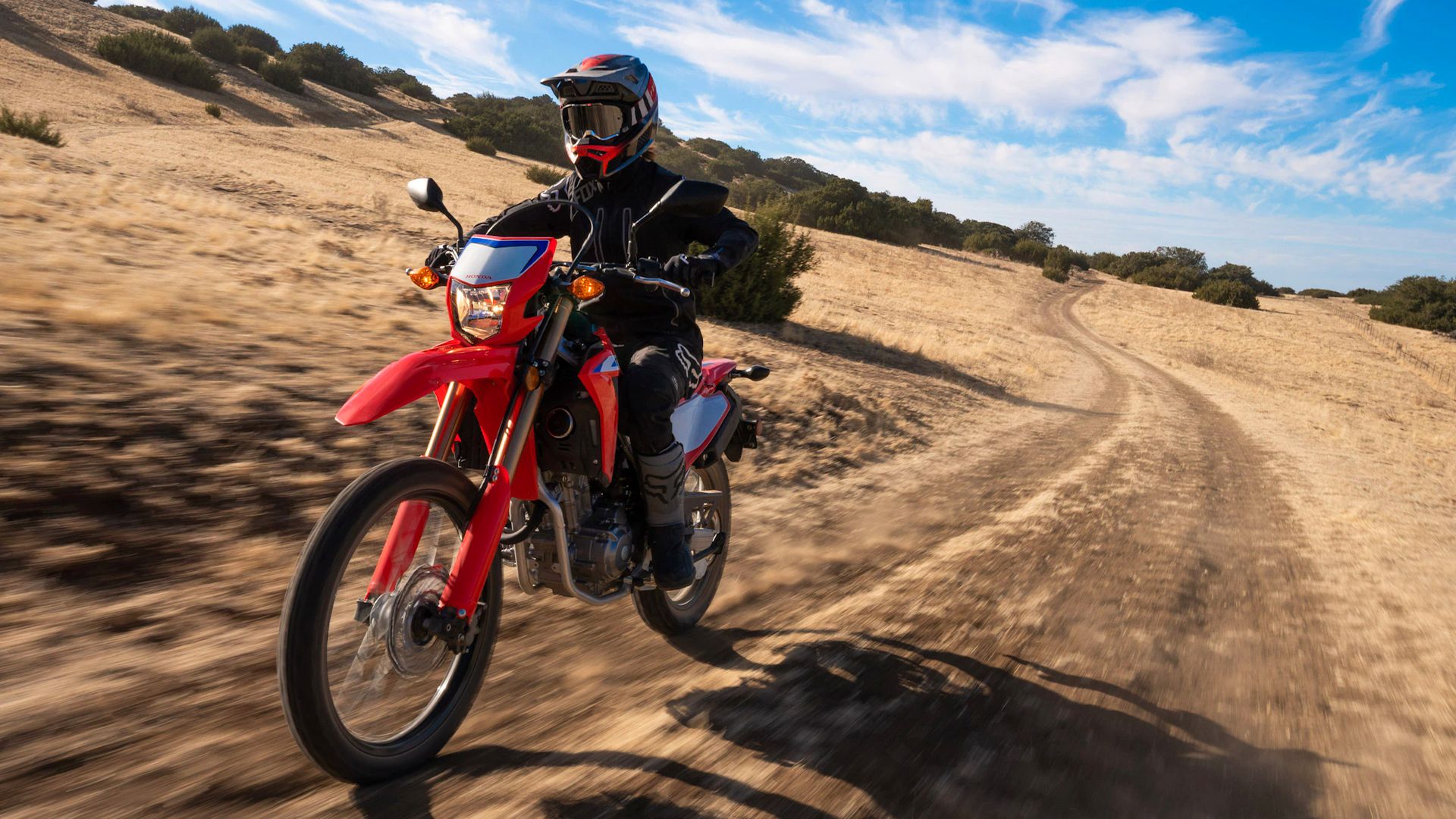 Red 2021 Honda CRF300L on a dirt road
