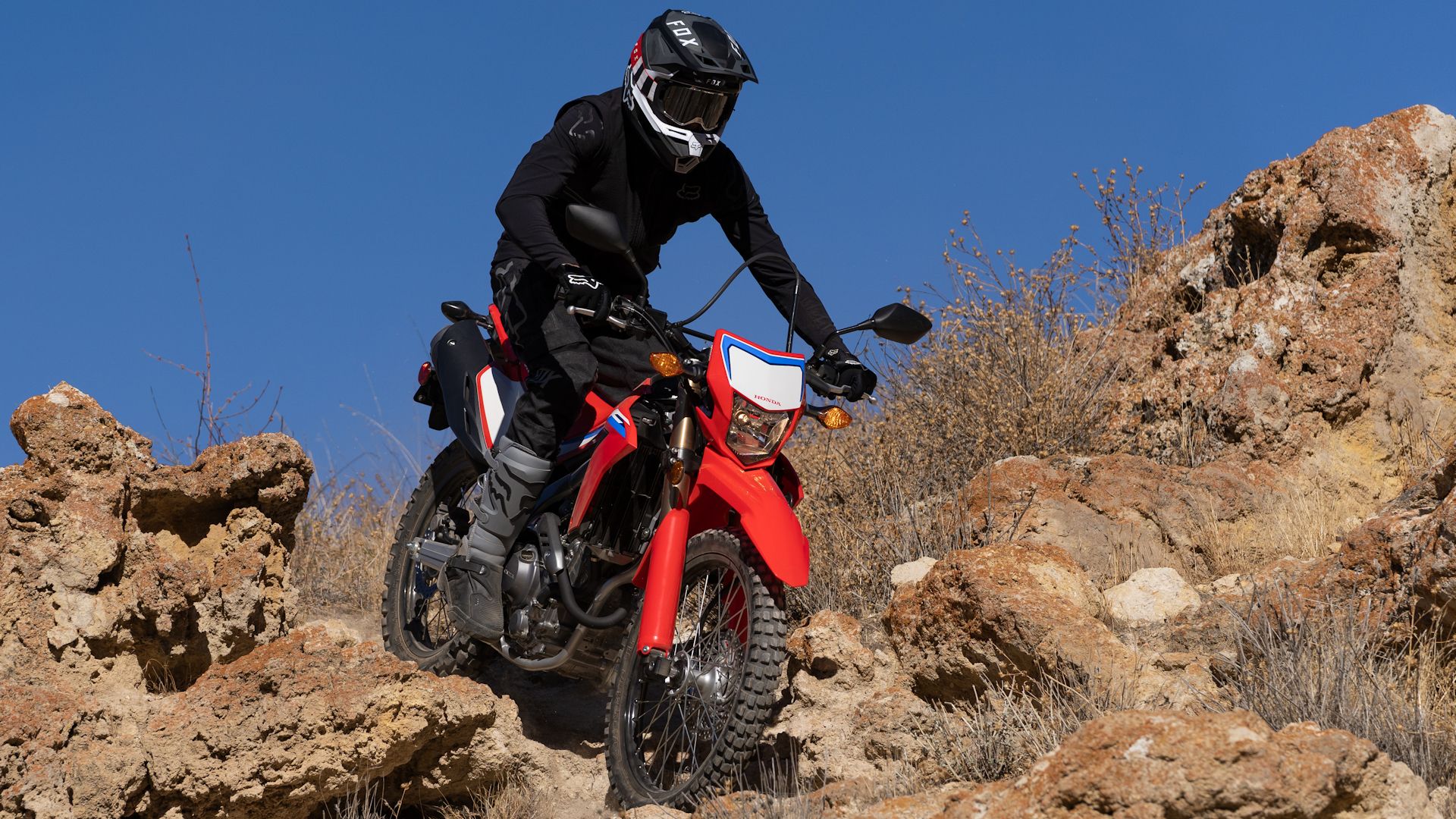 Red 2021 Honda CRF300L on a rocky hill