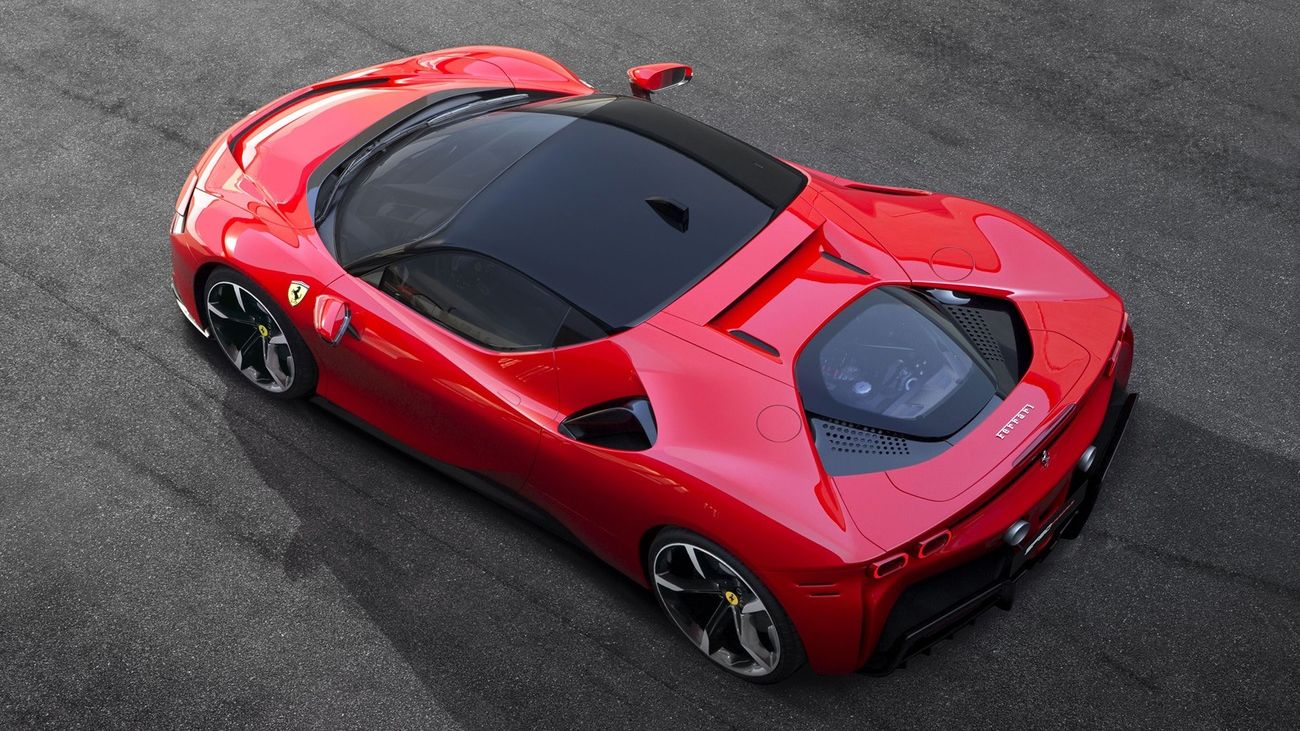 A shot from above of a Ferrari SF90 Stradale