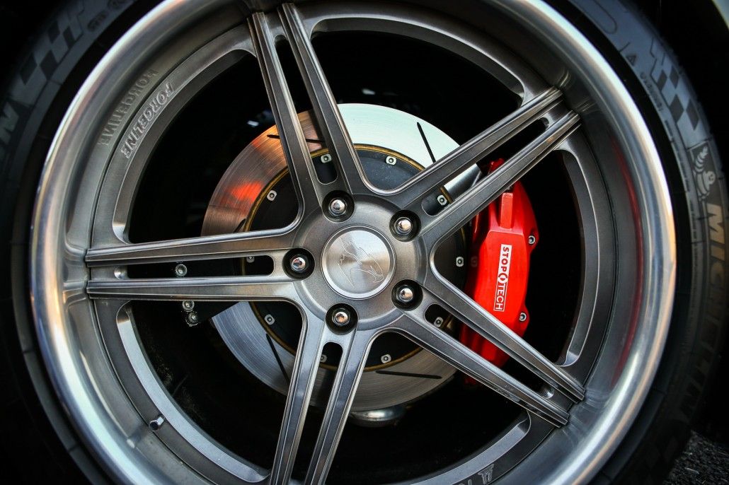 A detailed shot of the forged 20-inch wheels and brakes