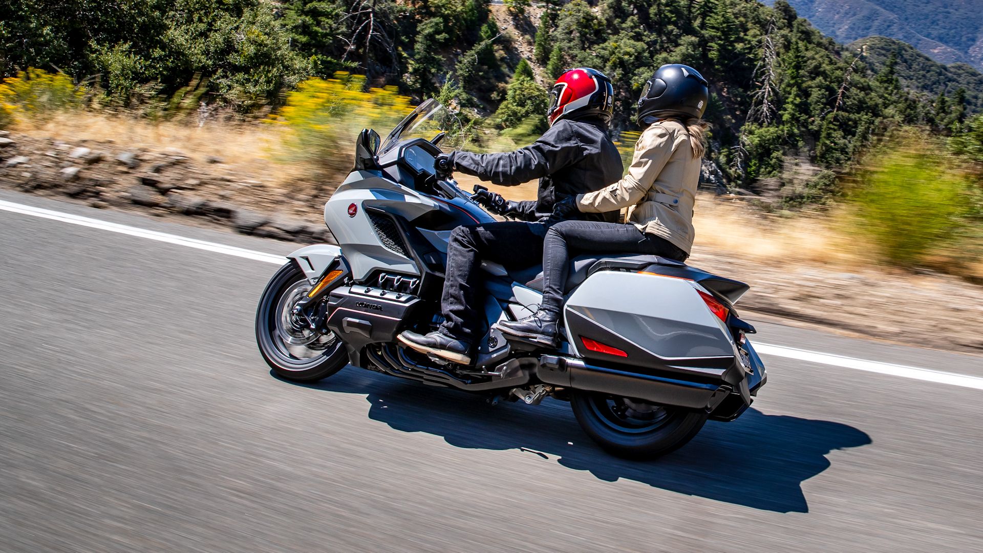 Gray 2021 Honda Gold Wing DCT cruising on the road