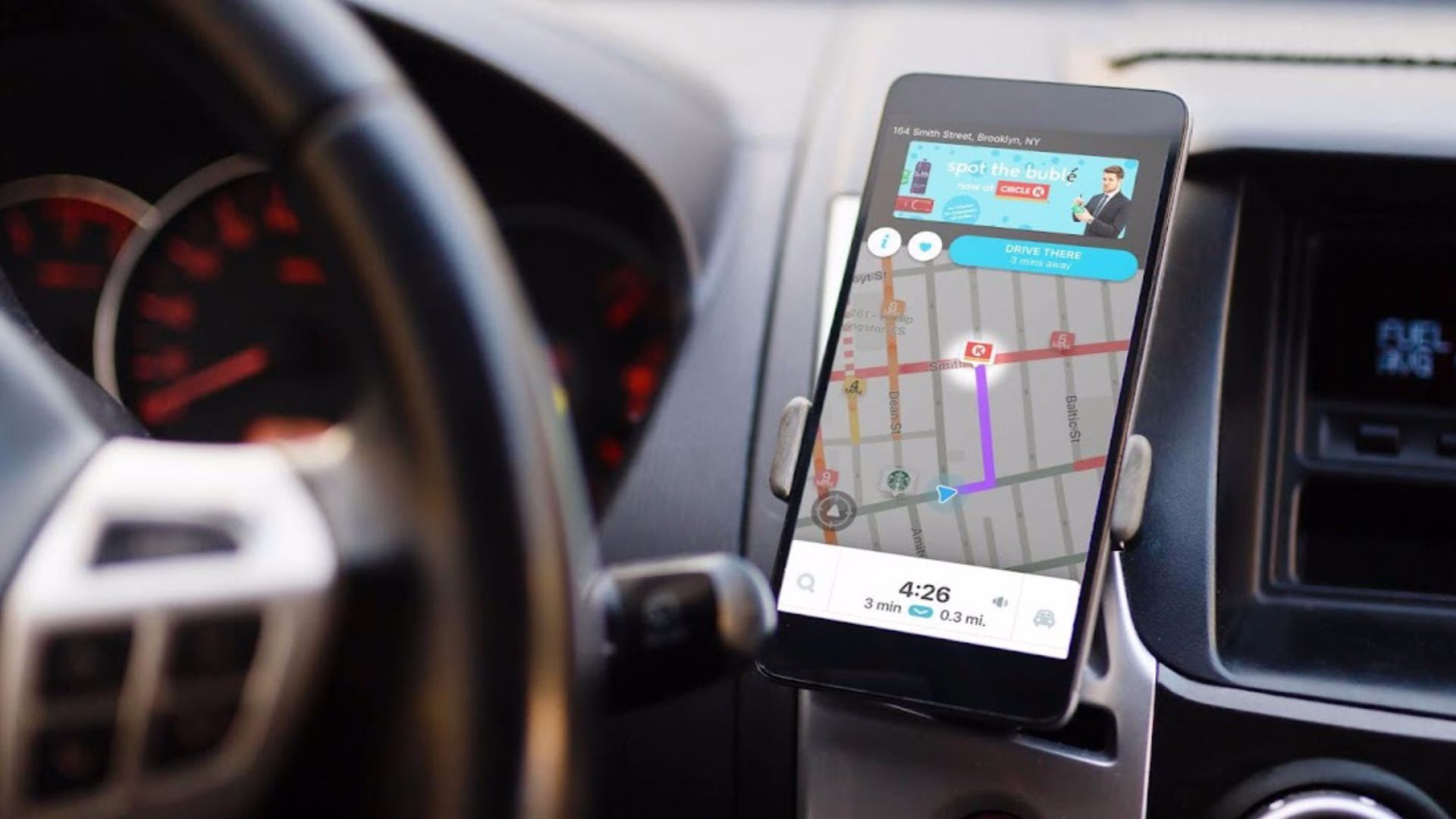 The Waze app in use placed in an car interior