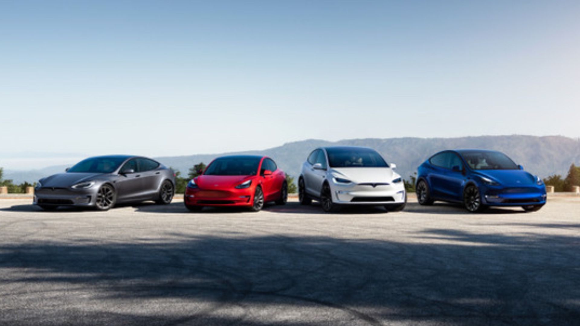 The Tesla Model S, Model 3, Model X, and Model Y lined up 