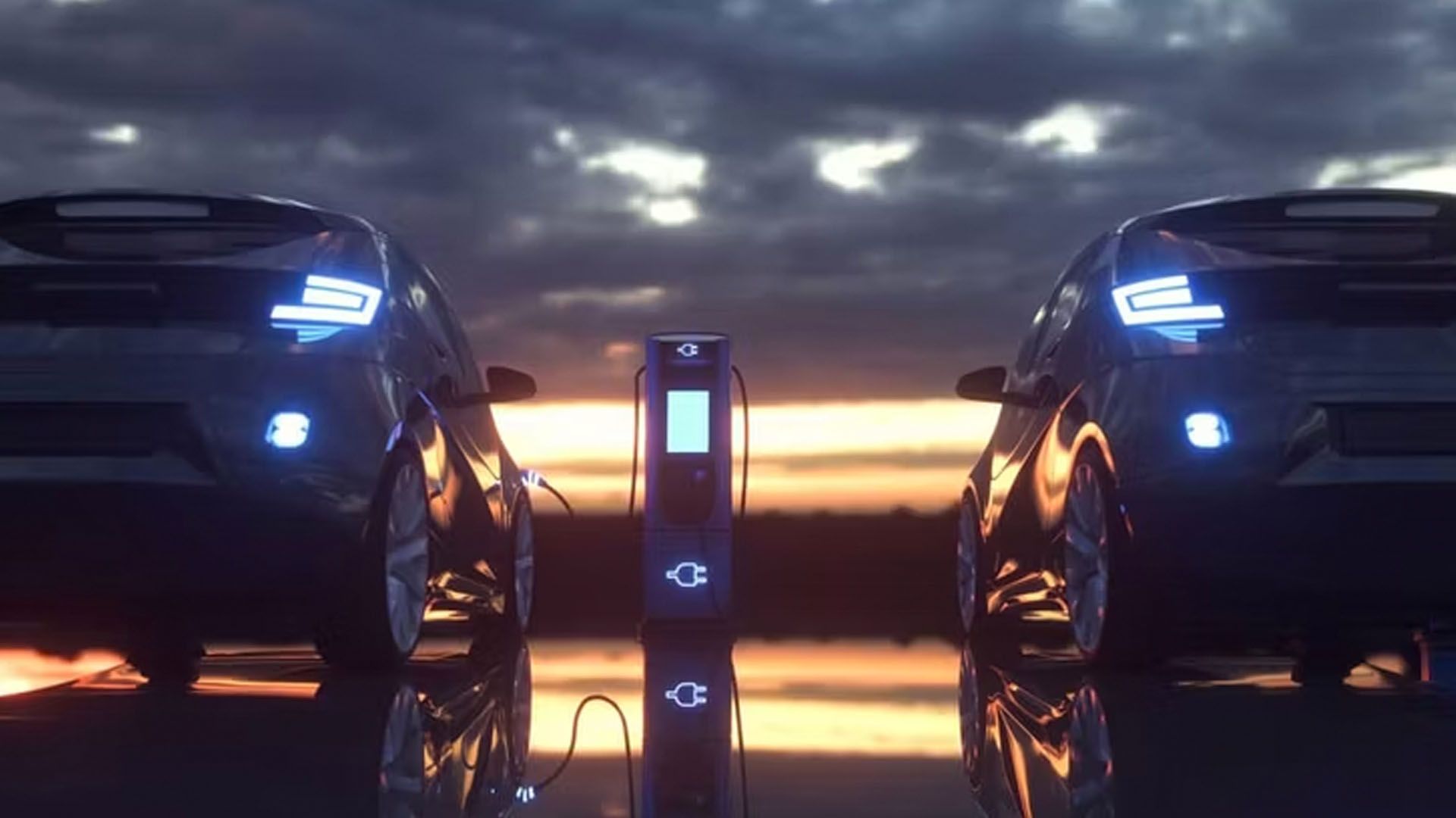 3d rendering of 2 electric cars charging at a charging station. 