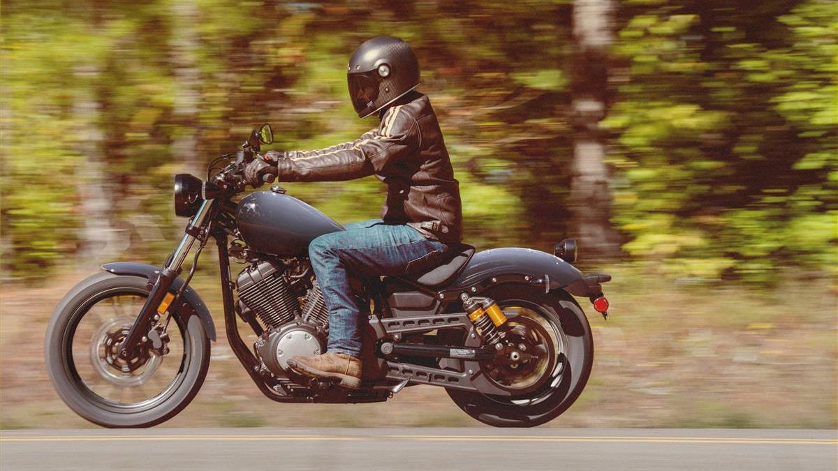 An action shot of a 2023 Yamaha Bolt R-Spec driving on the road
