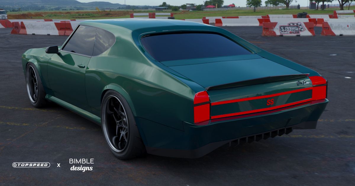 A rear 3/4 shot of a rendering of the 1969 Chevrolet Chevelle SS EV