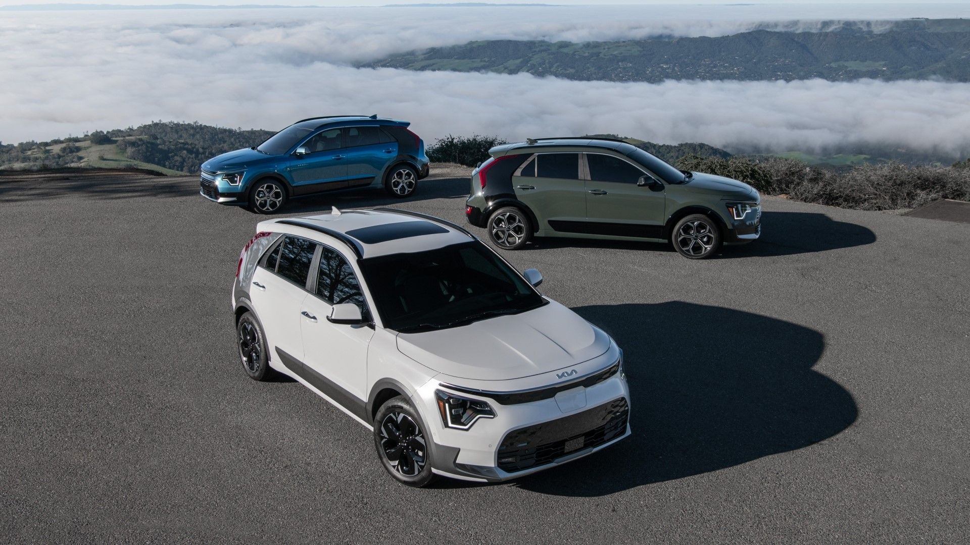 Three Kia Niro of different colors