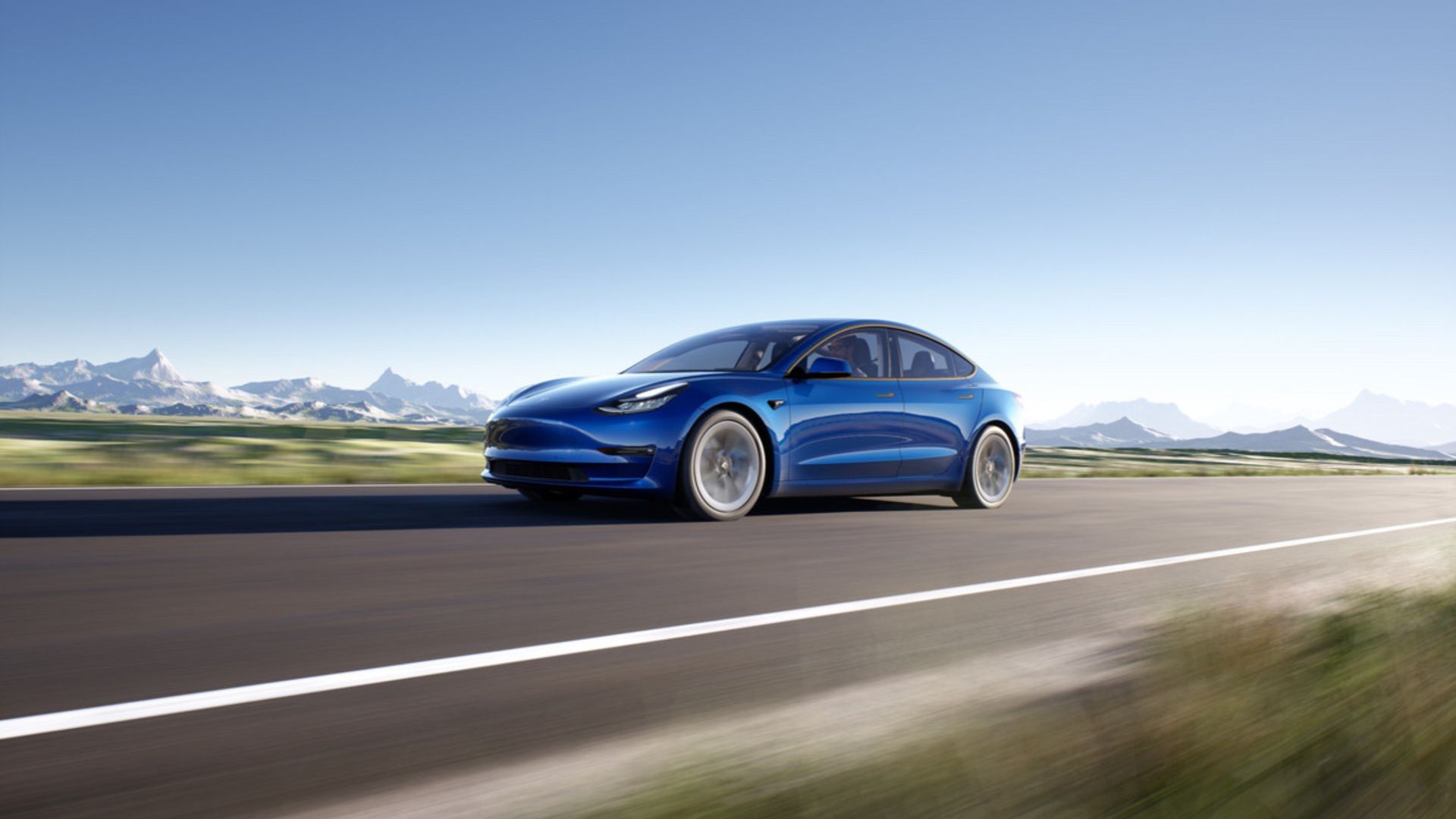 Tampilan samping Tesla Model 3 biru