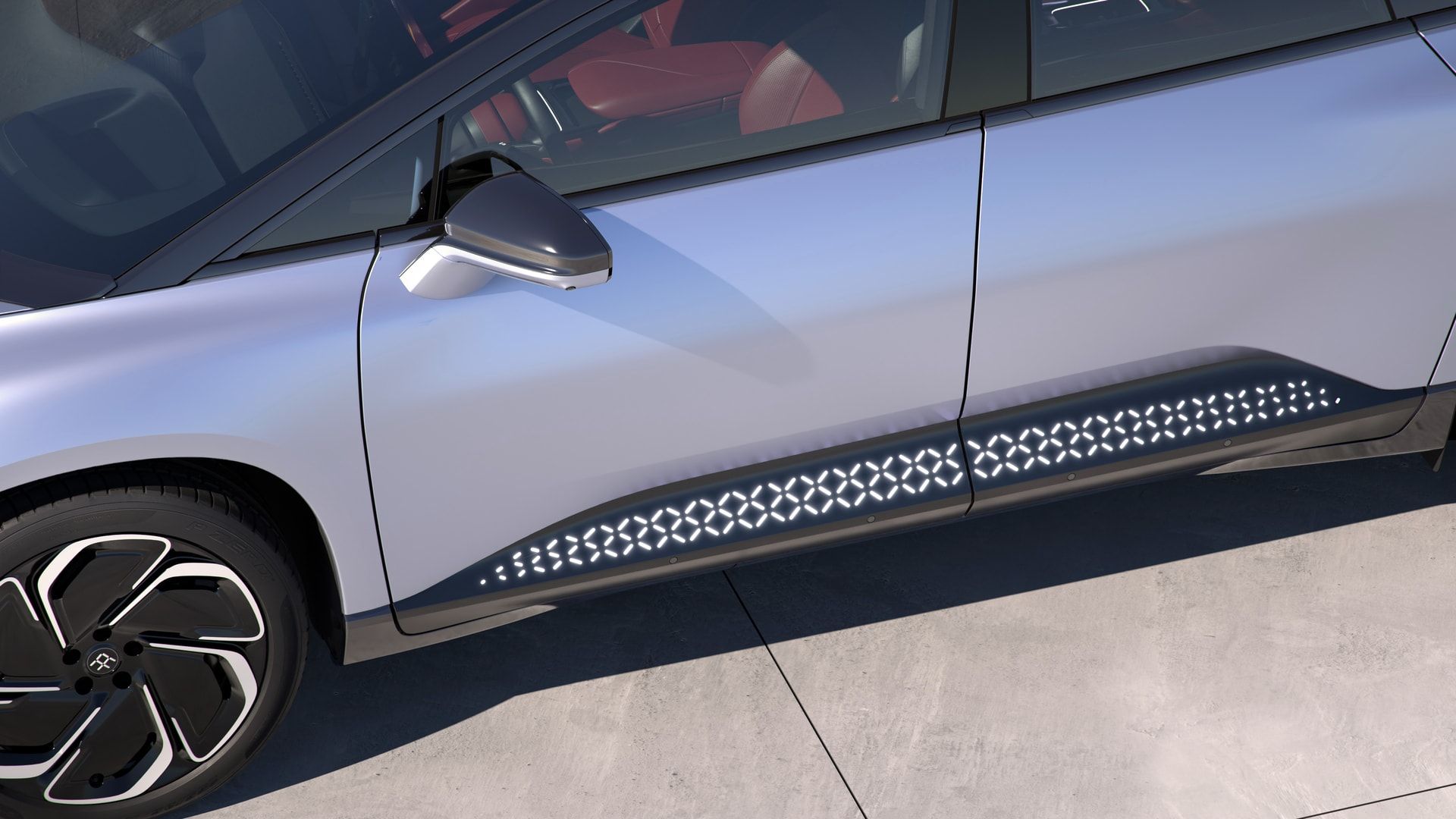 A detail shot of the led side skirts of the Faraday Future FF91