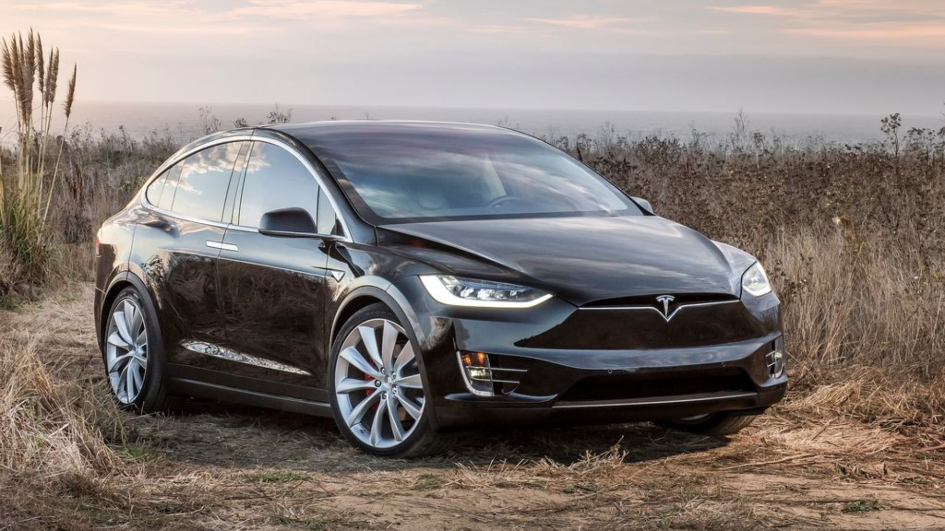 Gambar sudut depan dan samping Tesla-Model X yang diparkir 
