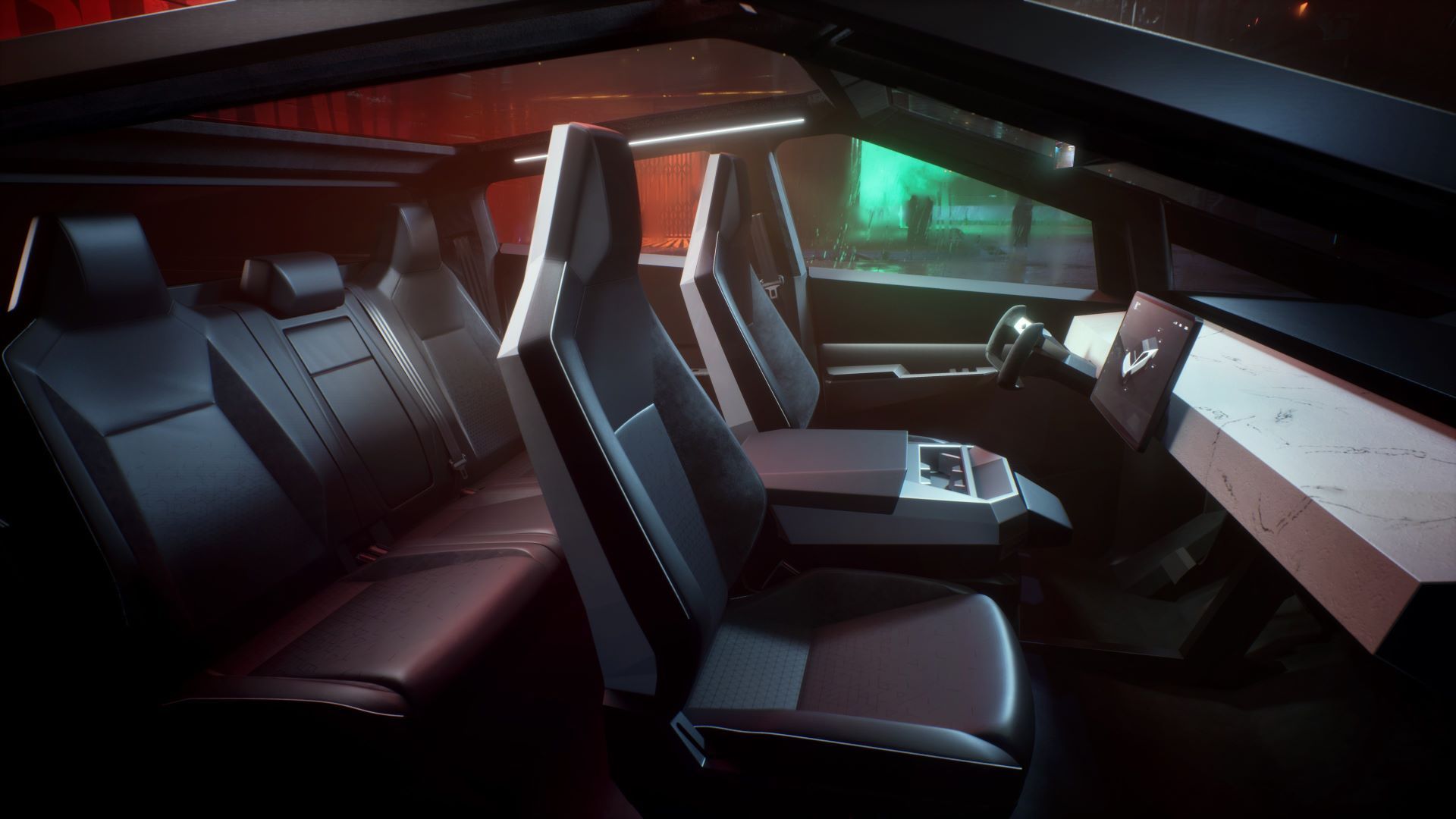 Side view of the interior of a Tesla Cybertruck