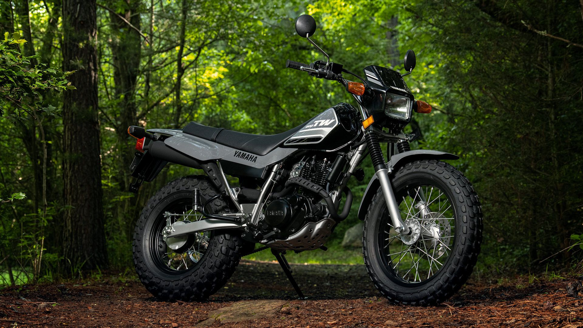 Gray 2023 Yamaha TW200 parked in the woods