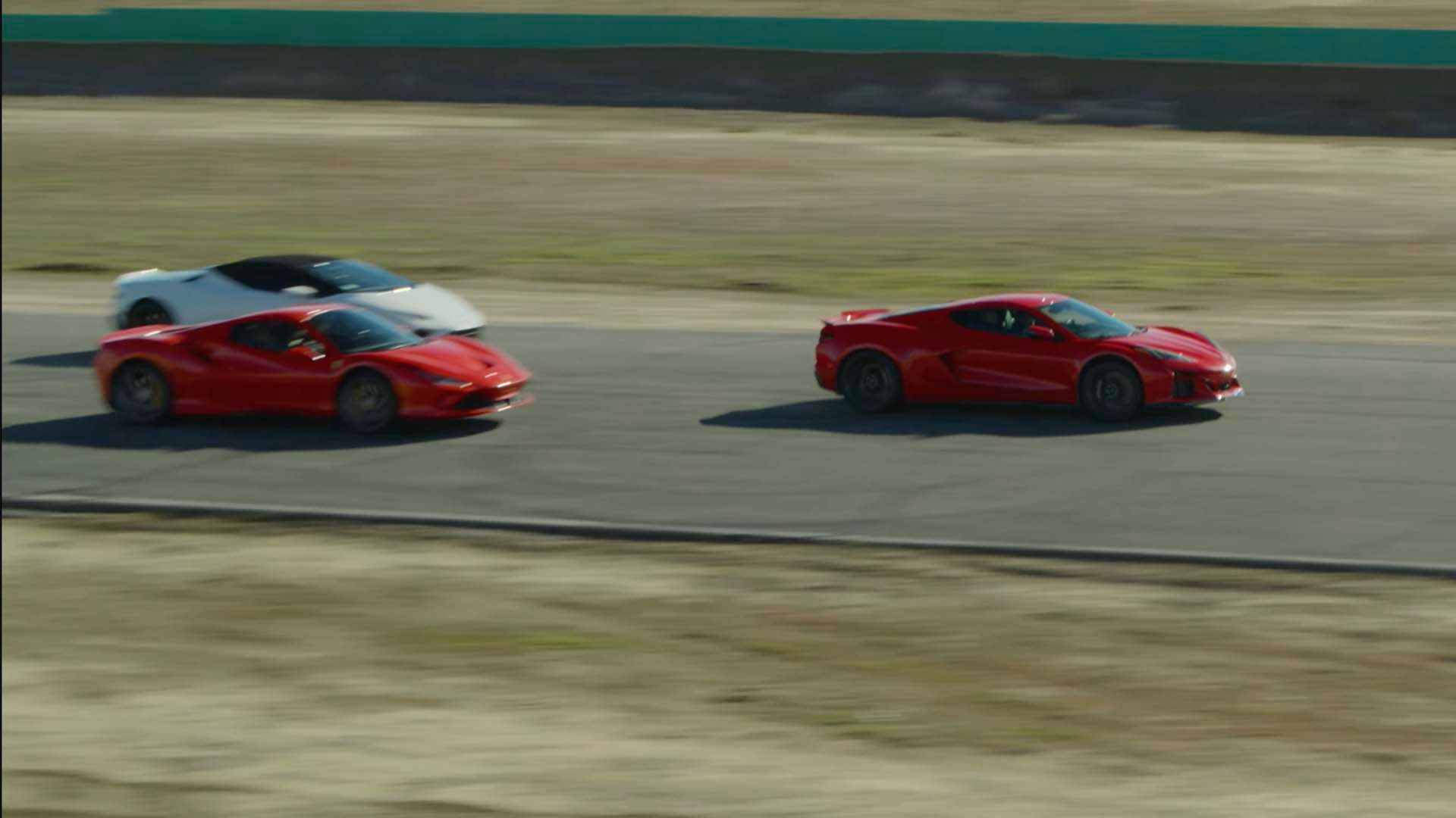 A drag race between a Chevrolet Corvette E-Ray vs. Lamborghini Huracan Evo RWD Spyder vs. Ferrari F8