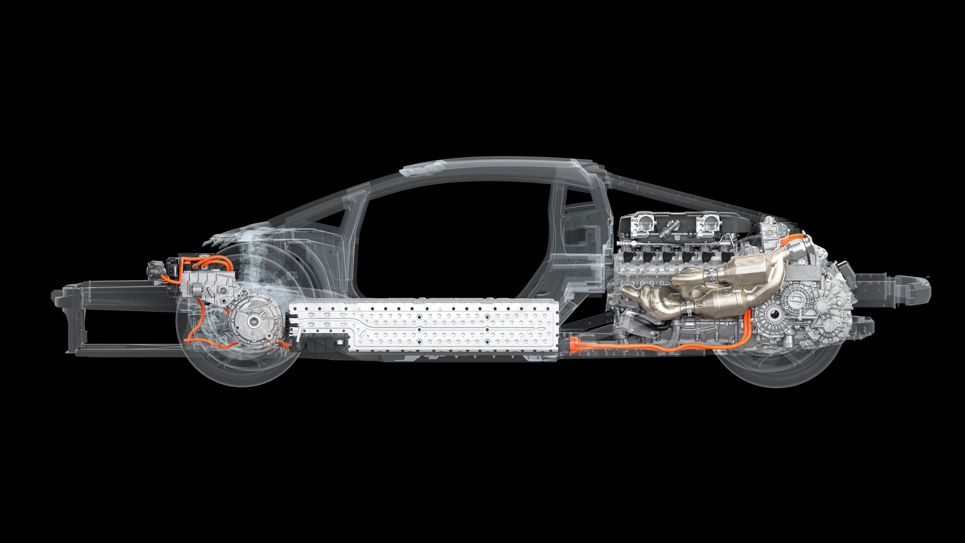 Uma visualização lateral esquerda do trem de força híbrido Lamborghini LB744