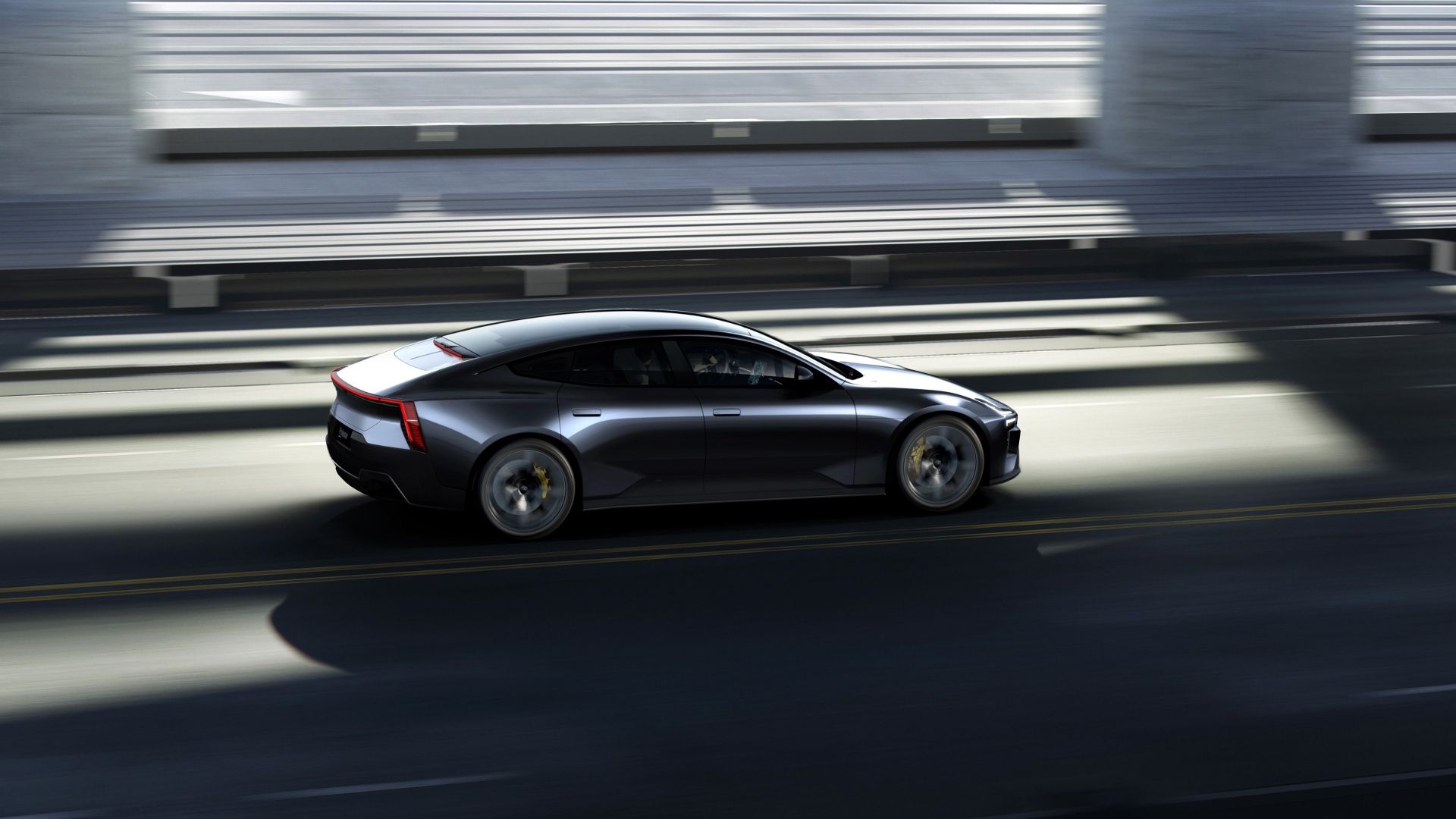 An action shot of the Polestar 5 driving on the street