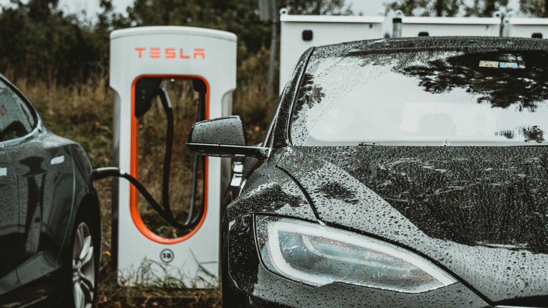 Two black Teslas at a charging station