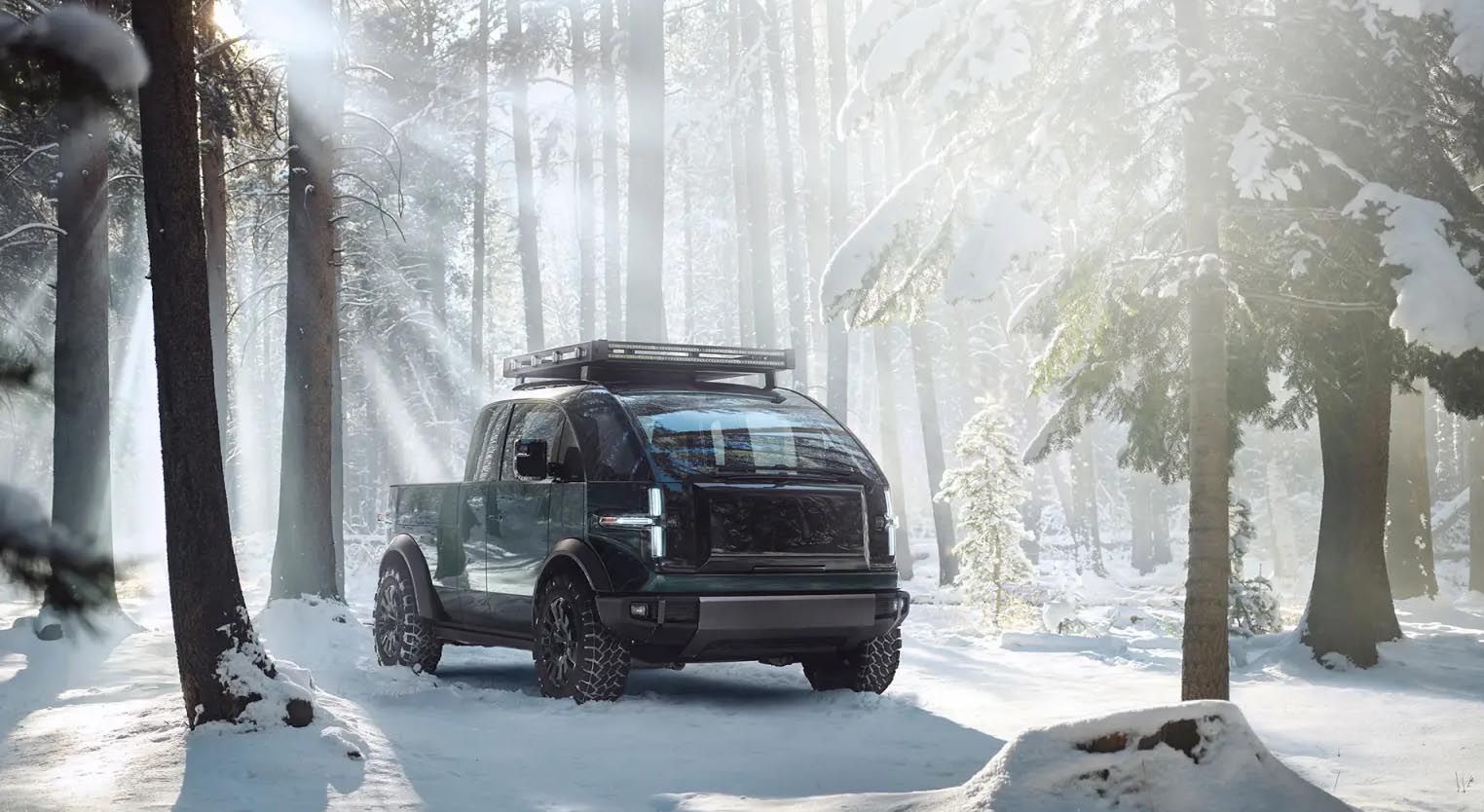 Canoo Electric Truck in outdoor snow