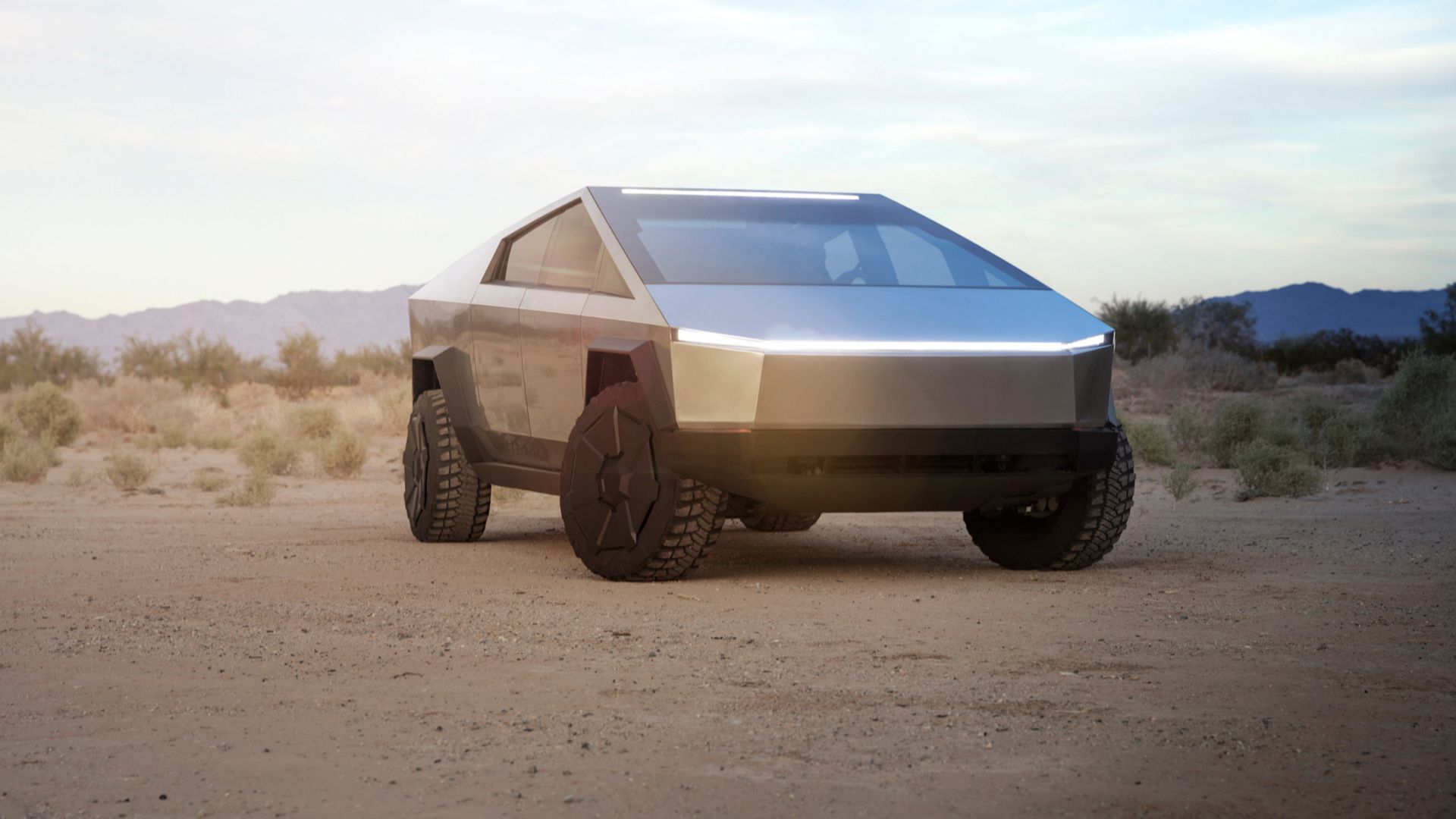 Three-quarters front view of Tesla Cybertruck