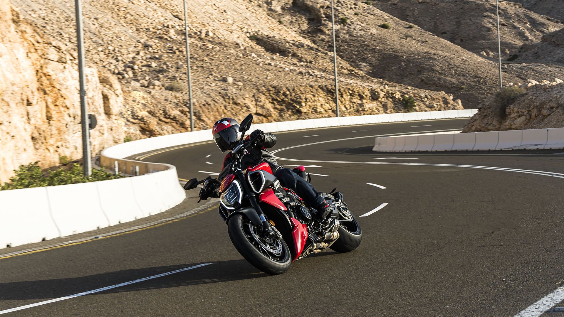 An action front shot of a 2023 Ducati Diavel V4