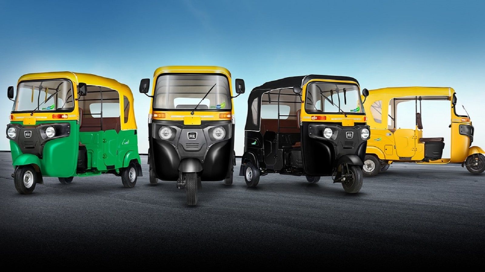 A group of parked Bajaj RE