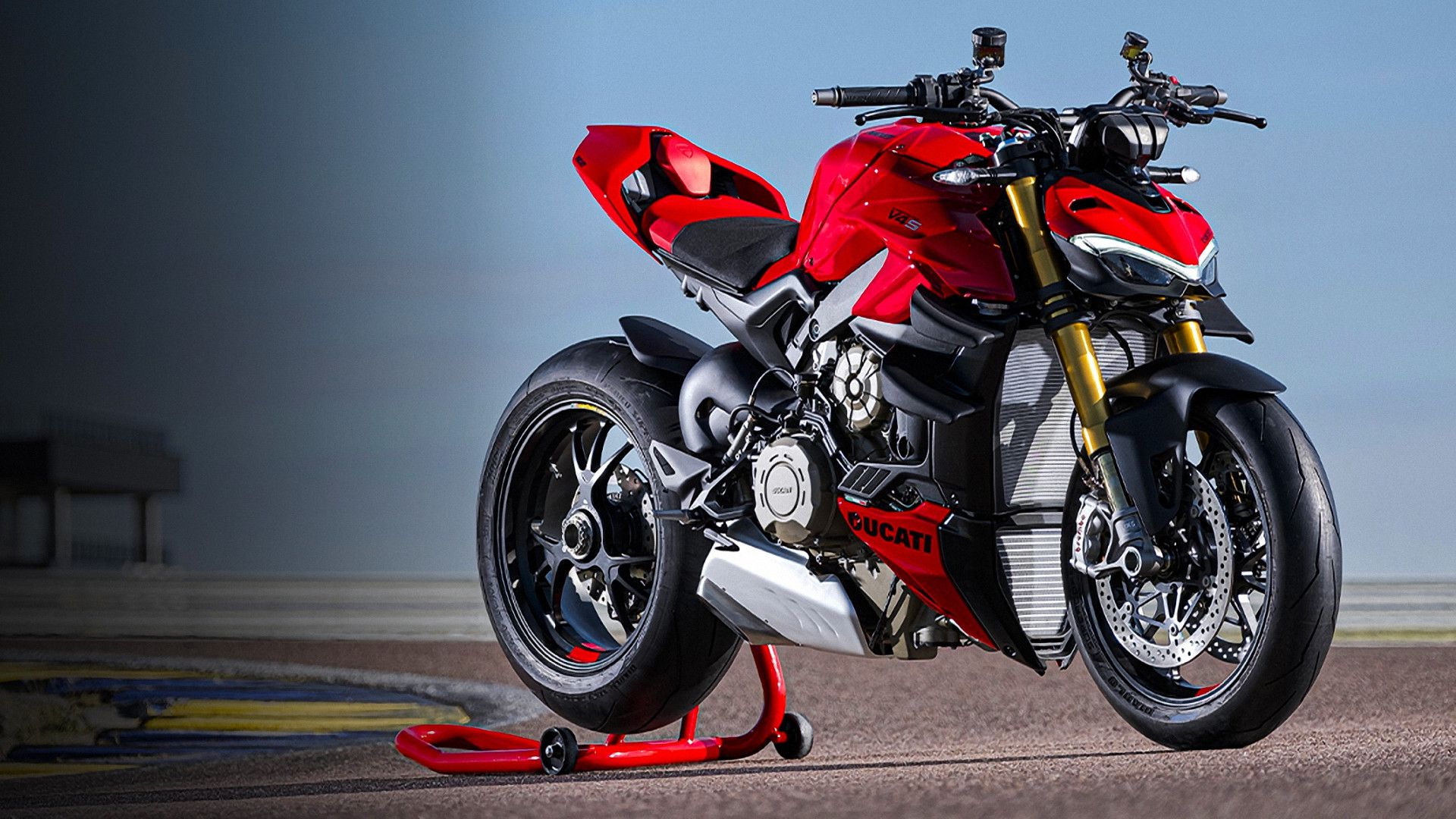 Red 2023 Ducati Streetfighter V4 S on the stand