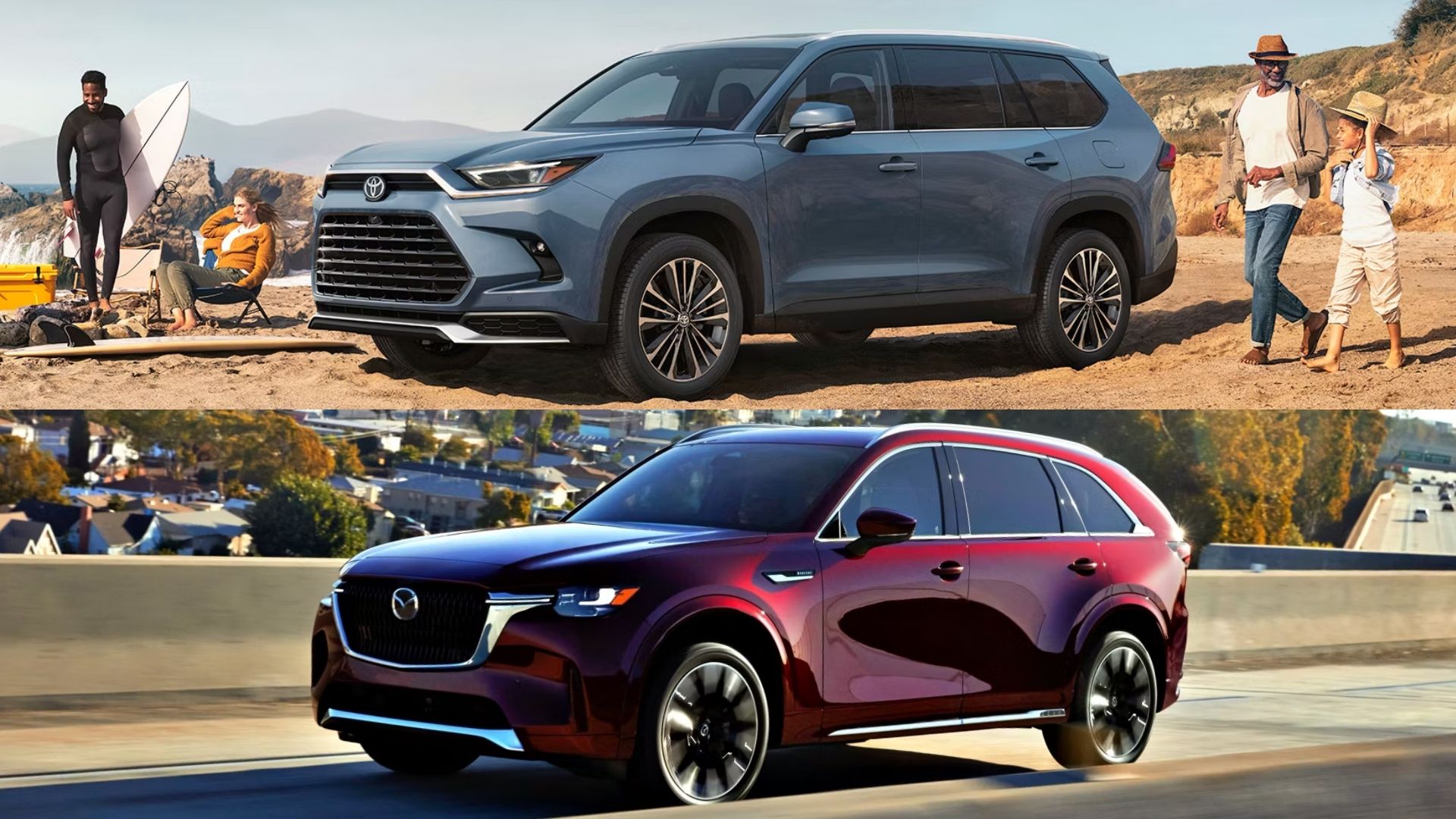 Three quarter outdoor shots of a Toyota and a Mazda SUV on the beach and on the road respectively