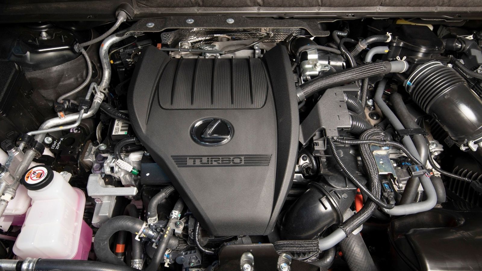 A shot depicting what is under the hood of a 2023 Lexus RX 350 SUV