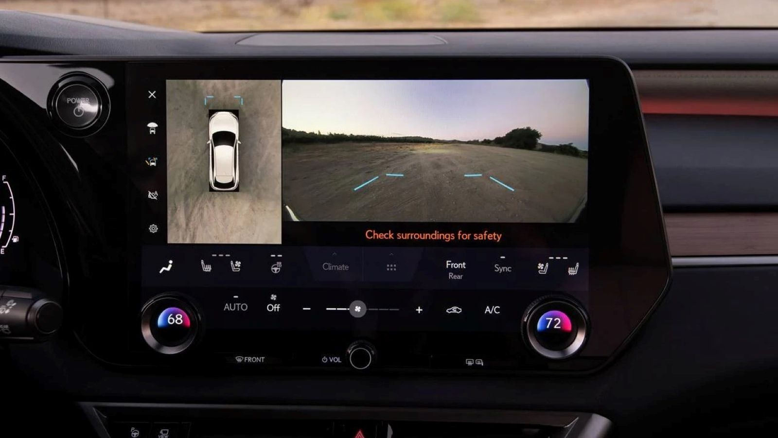 A shot of the 2023 Lexus RX 350h infotainment displaying safety information