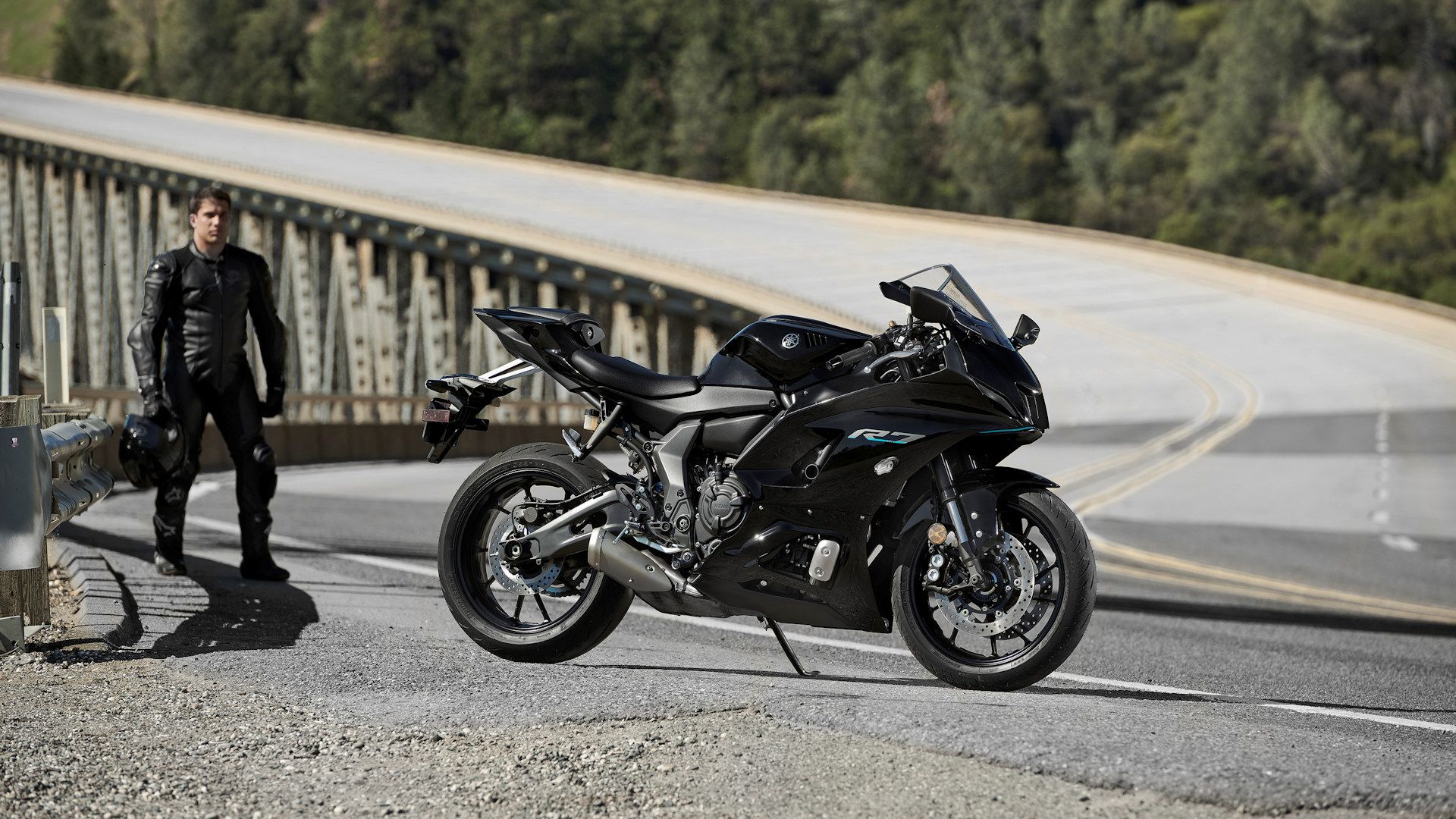 Black 2023 Yamaha YZF-R7 parked at the roadside