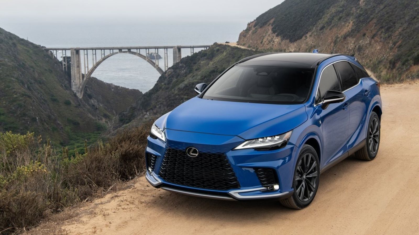 Front three-quarters shot of a blue-colored 2023 Lexus RX