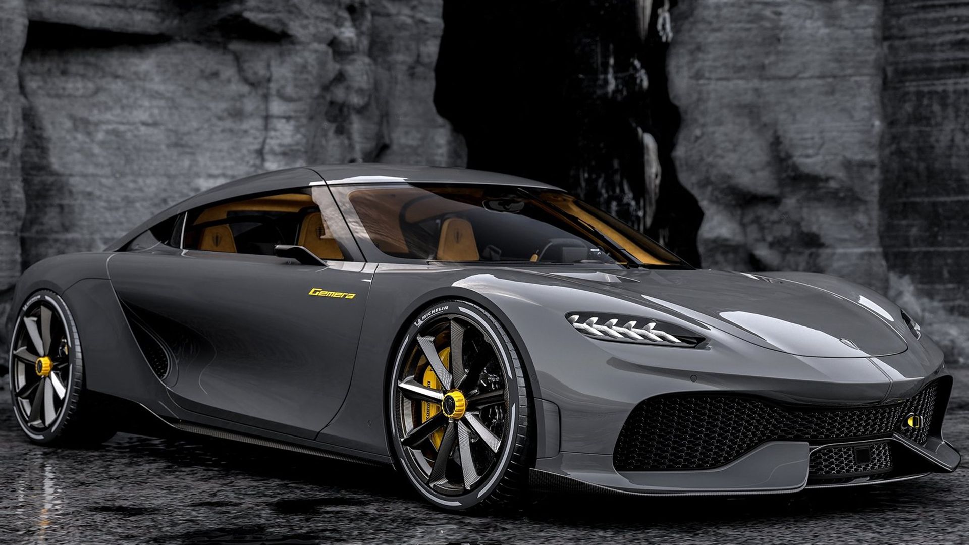 Vista frontal 3/4 de um Koenigsegg Gemera