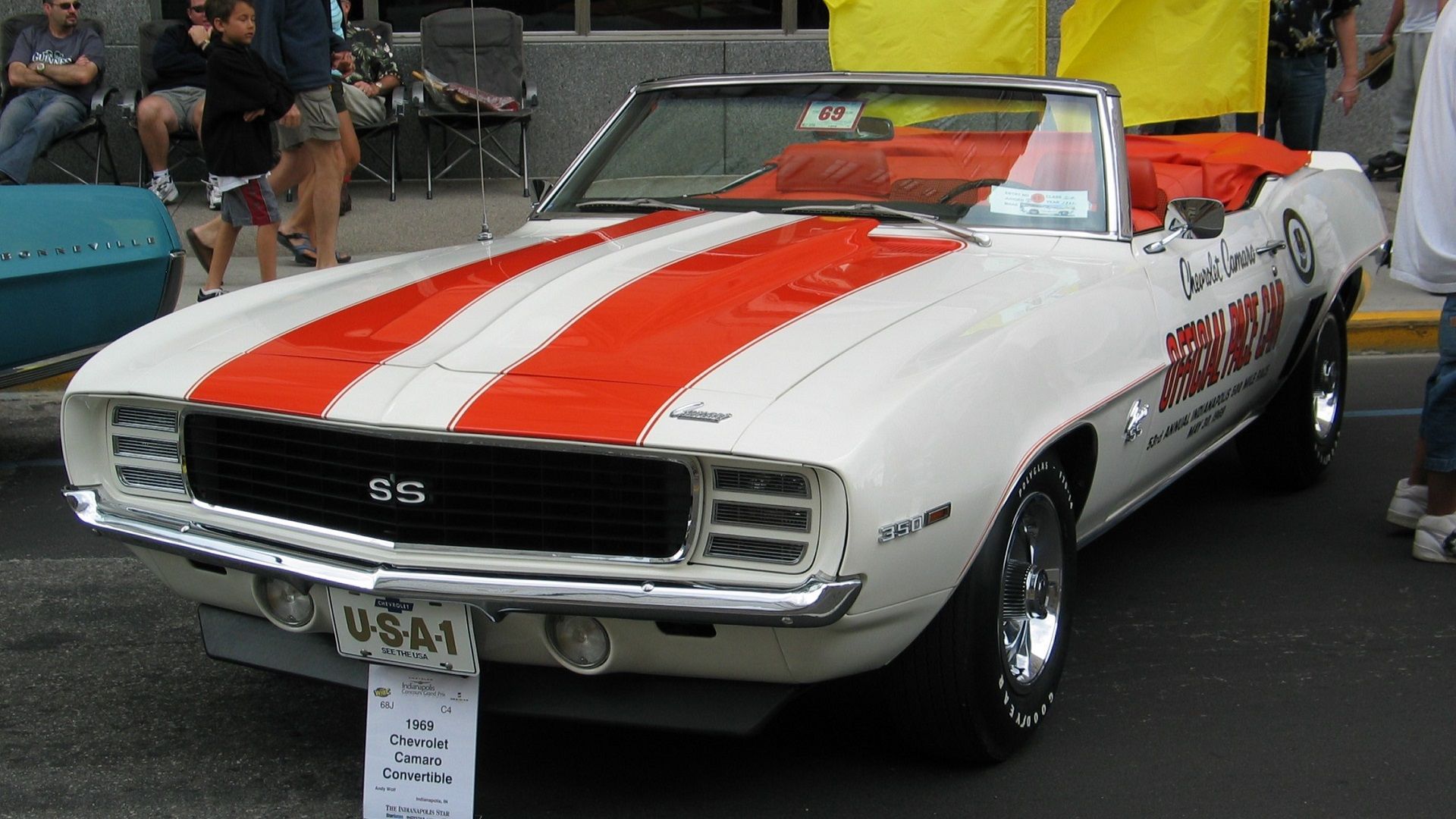 A parked 1969 Chevrolet Camaro SS Pace Car on display