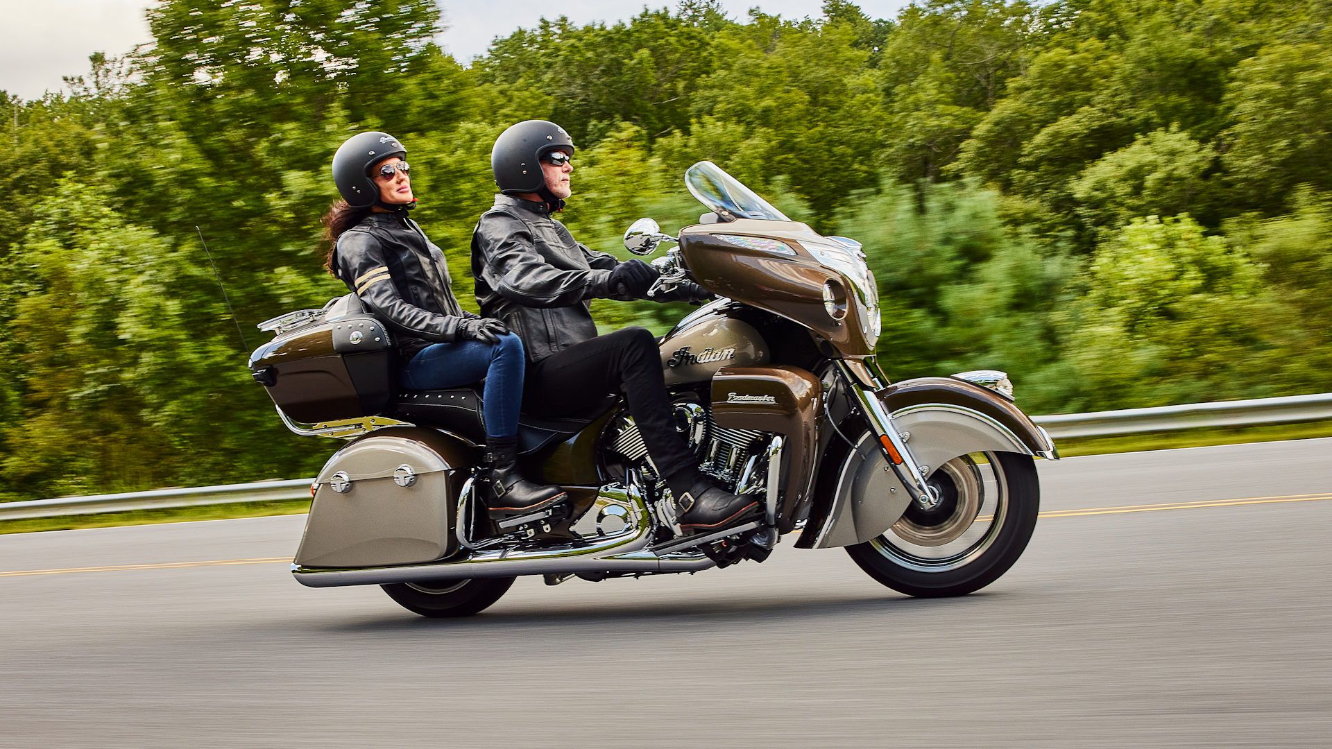 Brown 2023 Indian Roadmaster profile shot on the highway