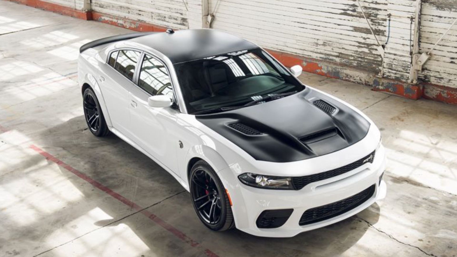 Top view of White 2023 Dodge Charger SRT Hellcat Widebody Redeye Jailbreak With Black Hood