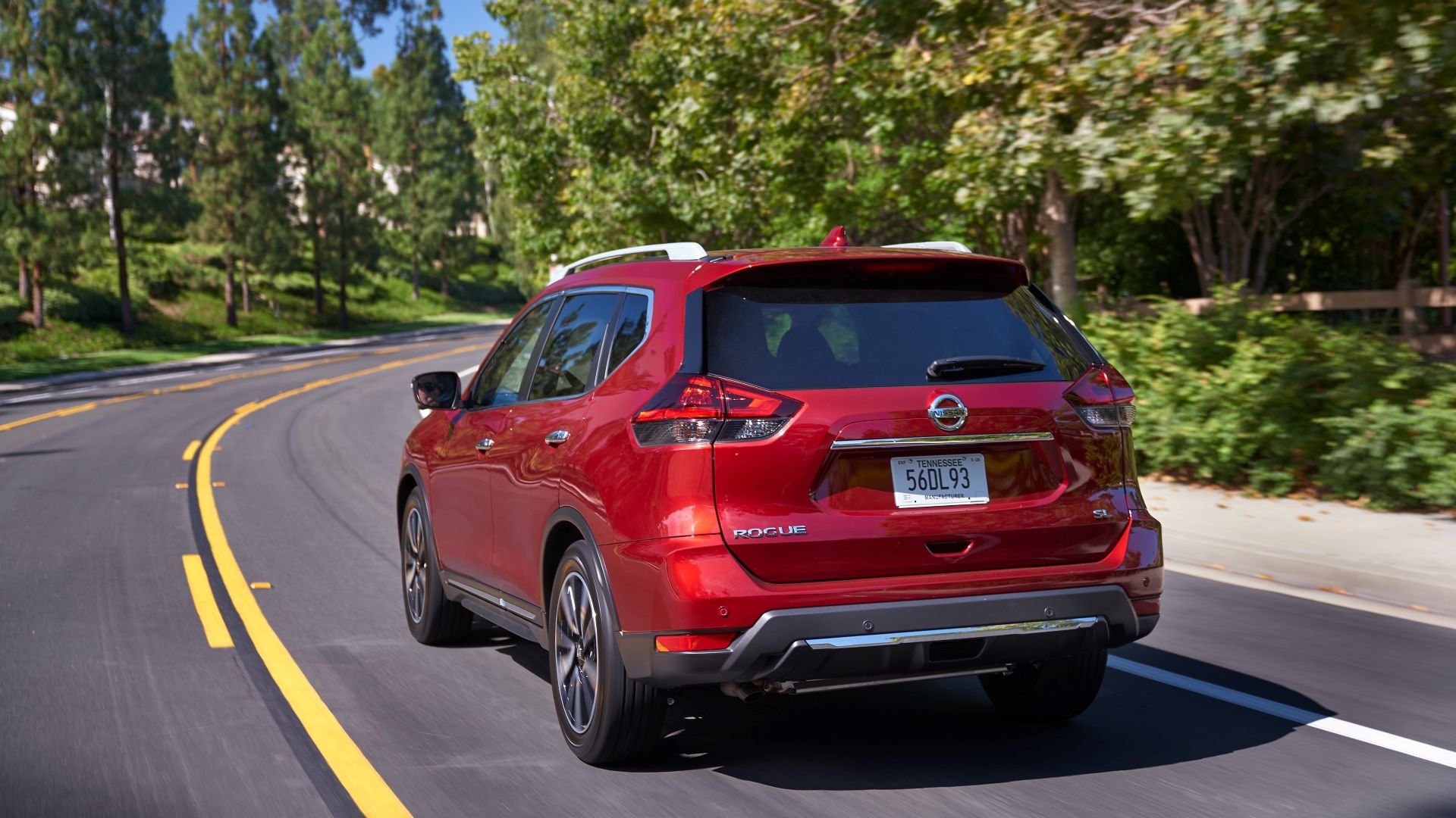 Rear action shot of a 2020 Nissan Rogue