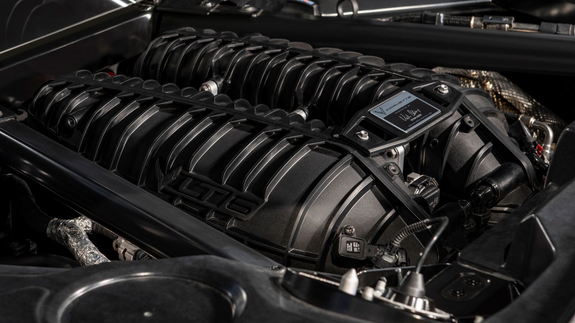 A studio shot of the V-8 engine of the Chevrolet Corvette Z06