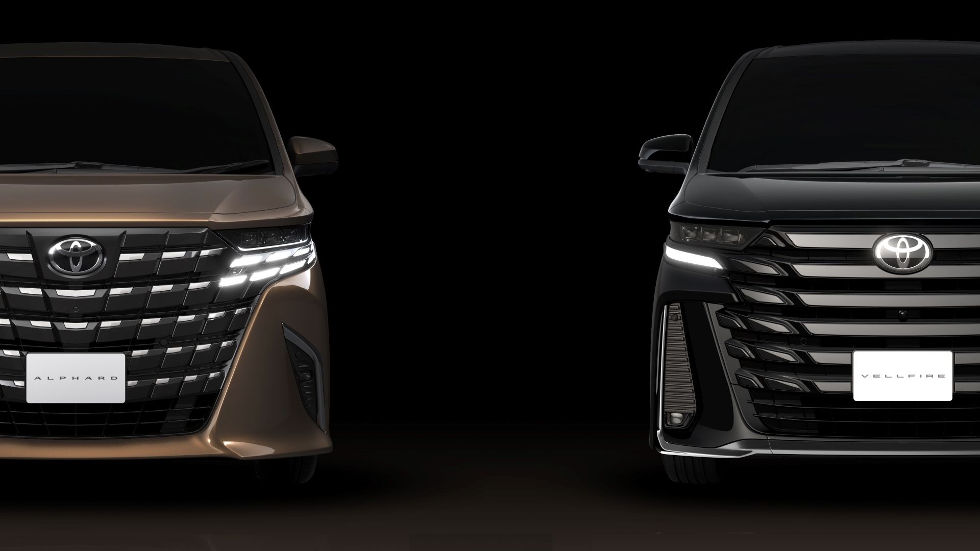 Vista frontal do Toyota Alphard e Vellfire 2024 lado a lado