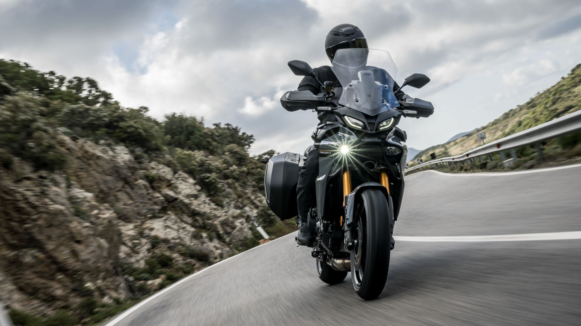 An action front shot of a 2023 Yamaha Tracer 9 GT+