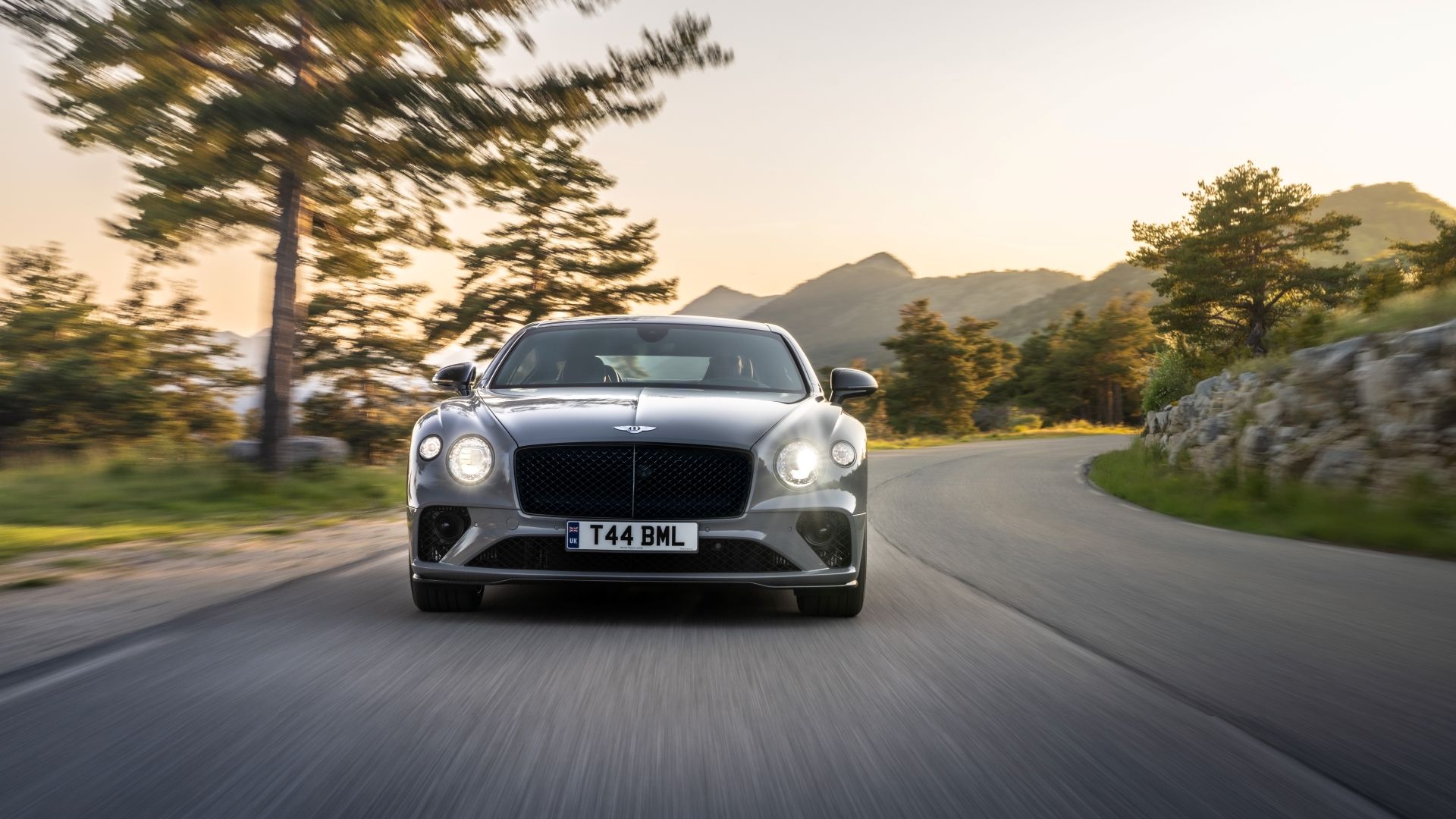 Head-on action shot of the 2023 Bentley Continental GT S