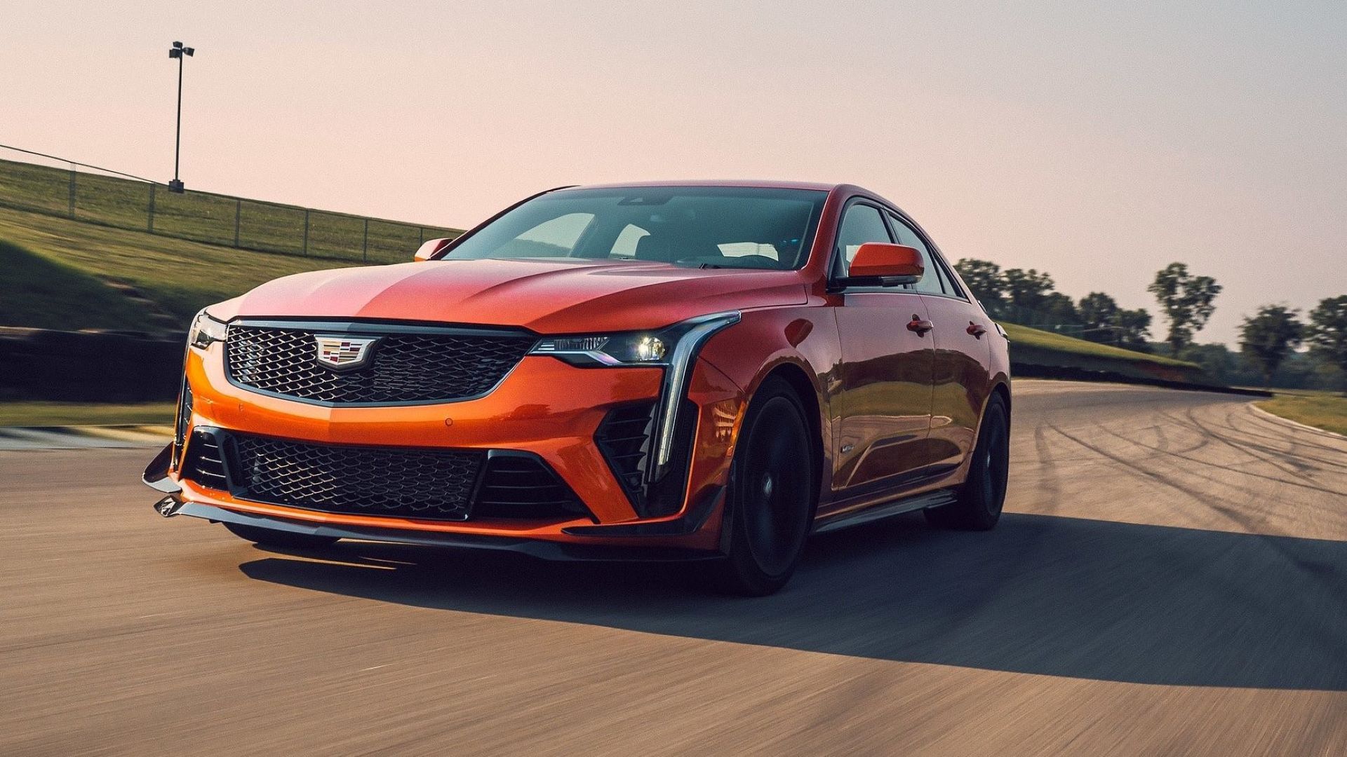 Front 3/4 action shot of the 2022 Cadillac CT4-V Blackwing at the track