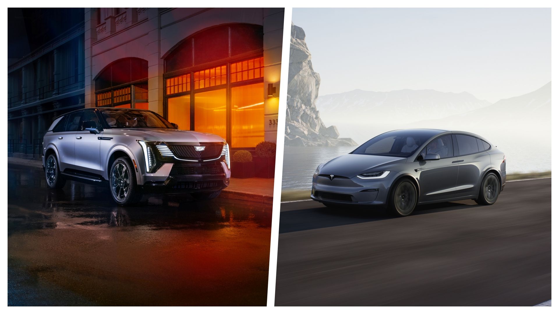 A collage of the Cadillac Escalade IQ and Tesla Model X