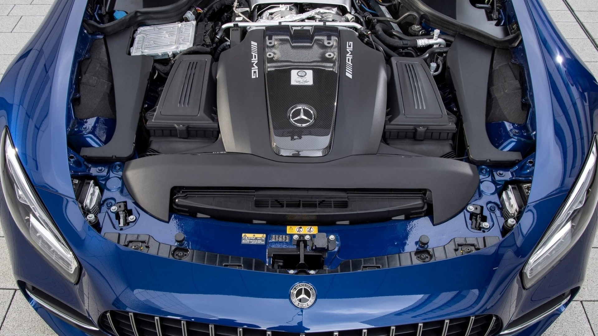 Overhead shot of the engine bay of the 2020 Mercedes-Benz AMG GT